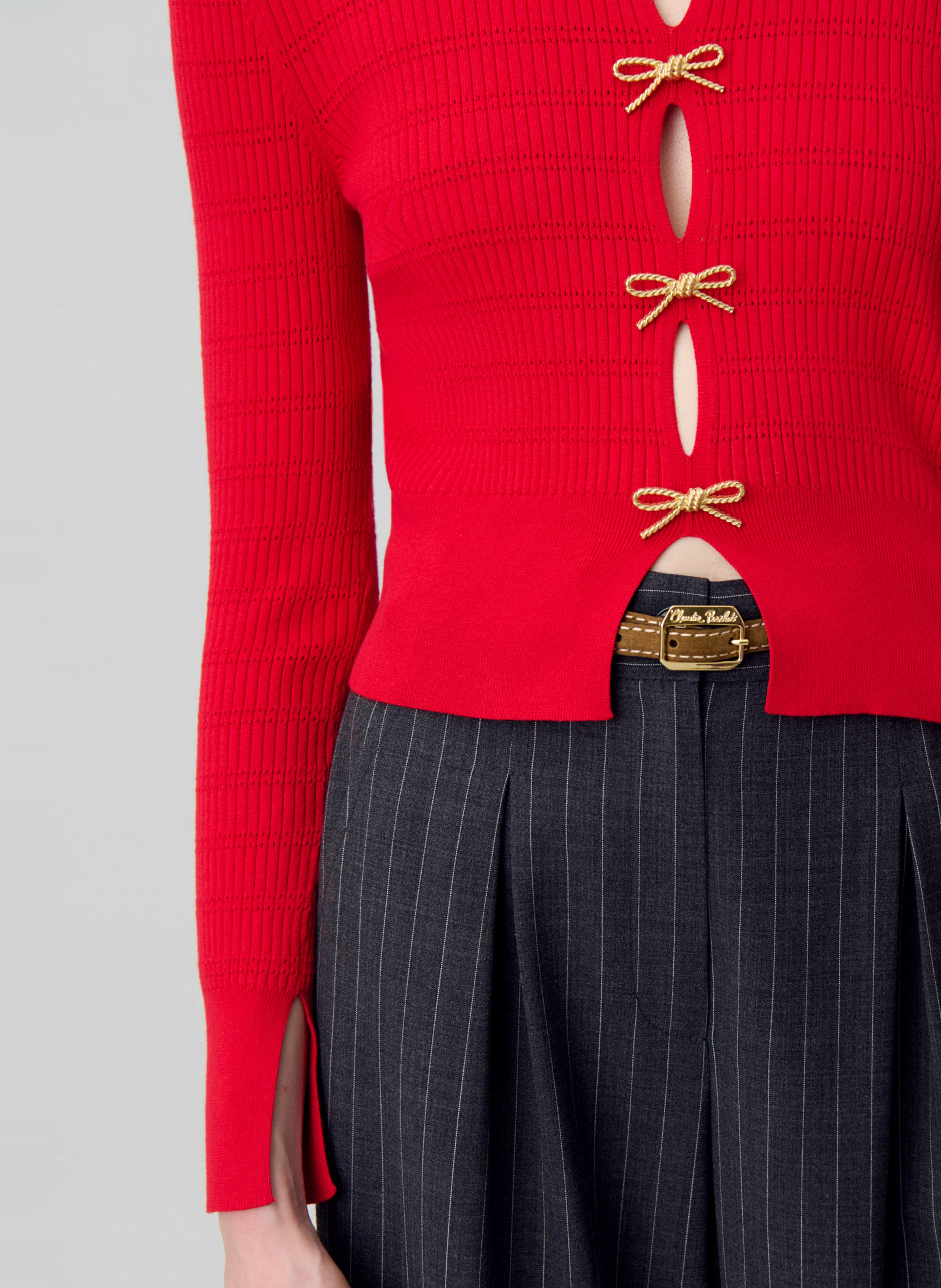 Pull ajusté à détails ajourés et nœuds CLAUDIE PIERLOT Rouge