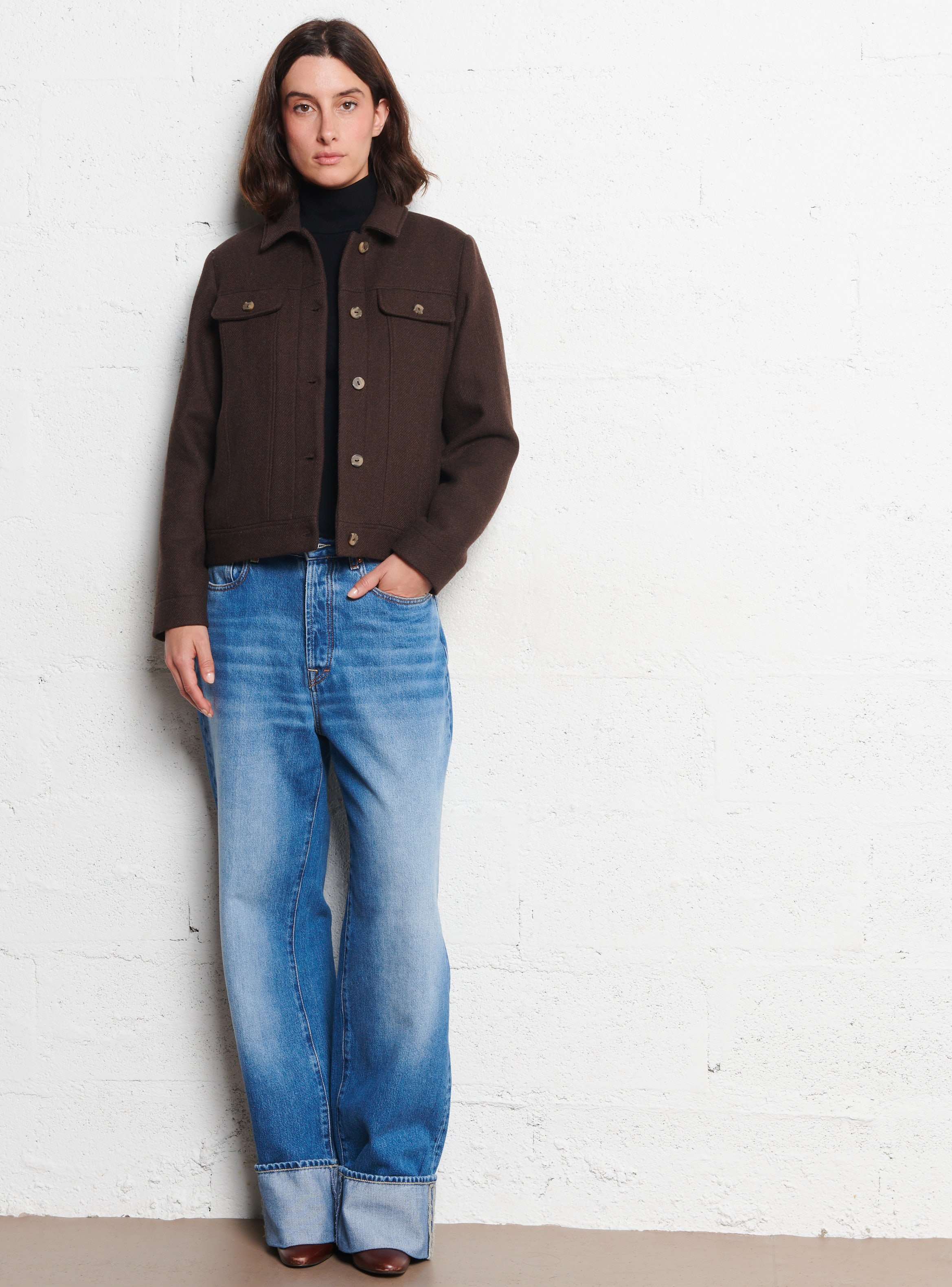 Veste droite col classique en laine mélangée I CODE Marron