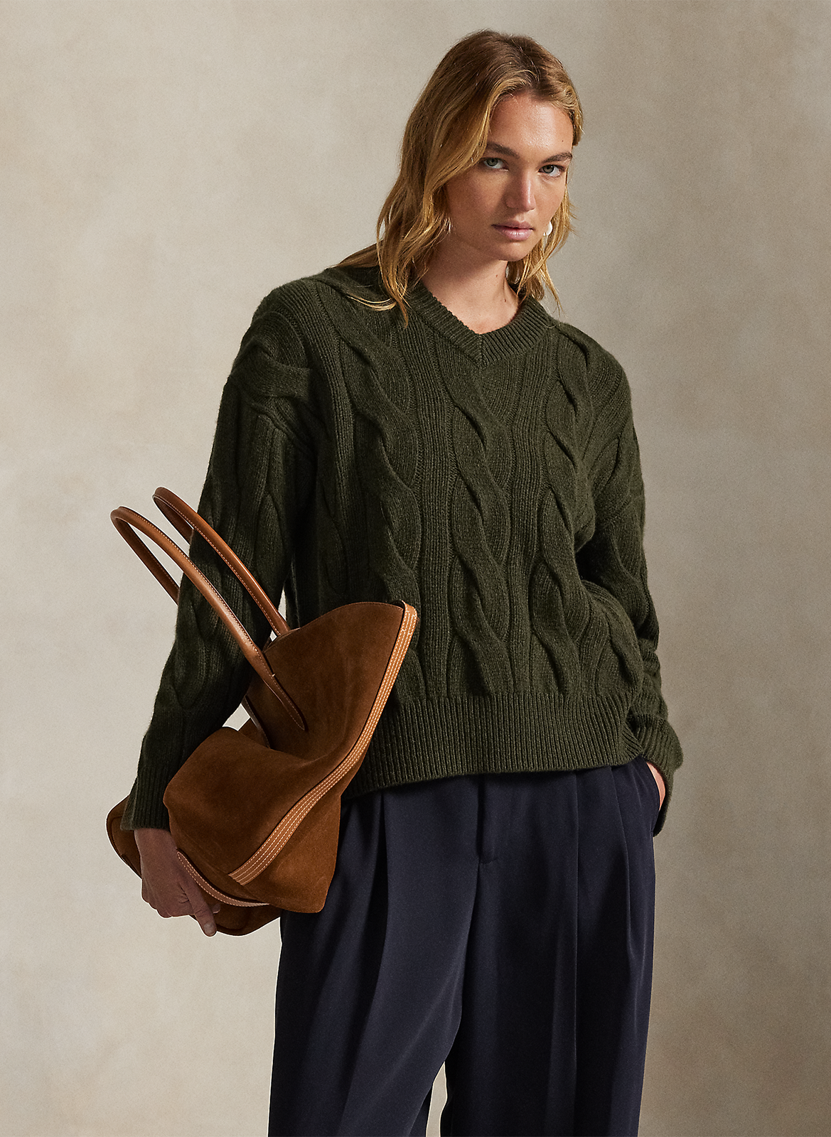 Pull droit col V en laine et cachemire mélangé POLO RALPH LAUREN Vert