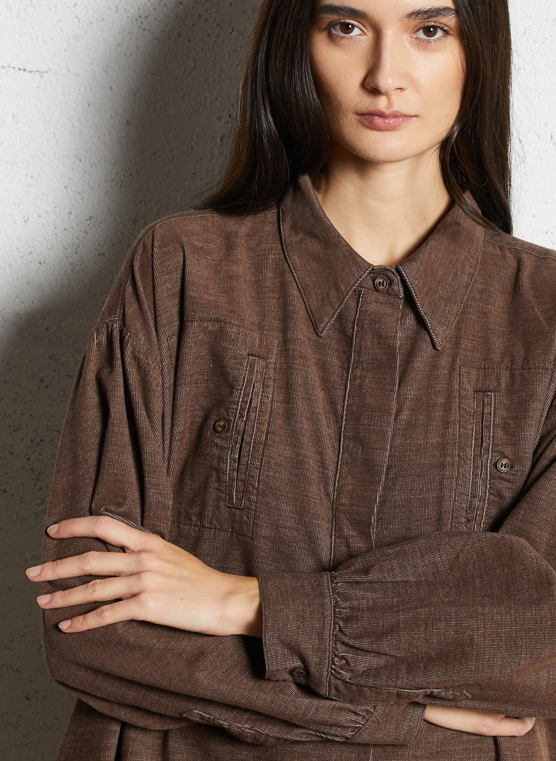 Robe courte ample col classique en coton HOD PARIS Marron