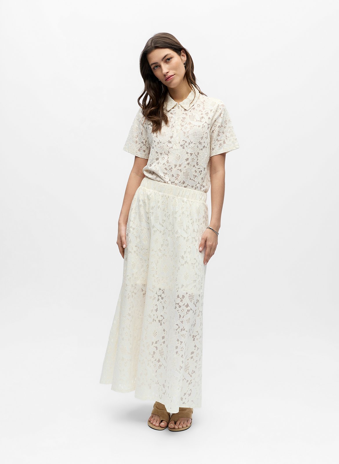 Flared long lace skirt OBJECT Beige