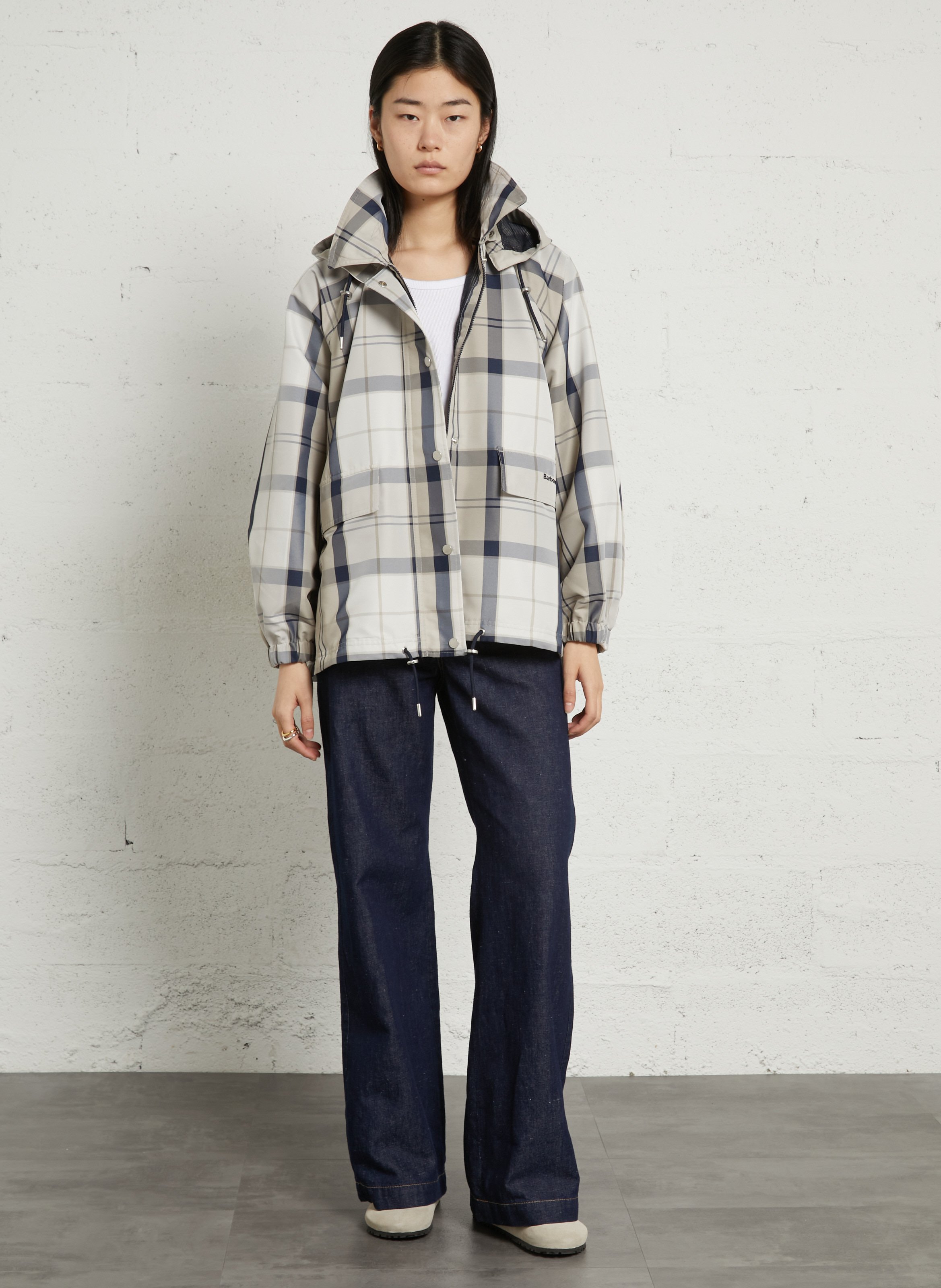 Veste droite à carreaux avec capuche Bleu