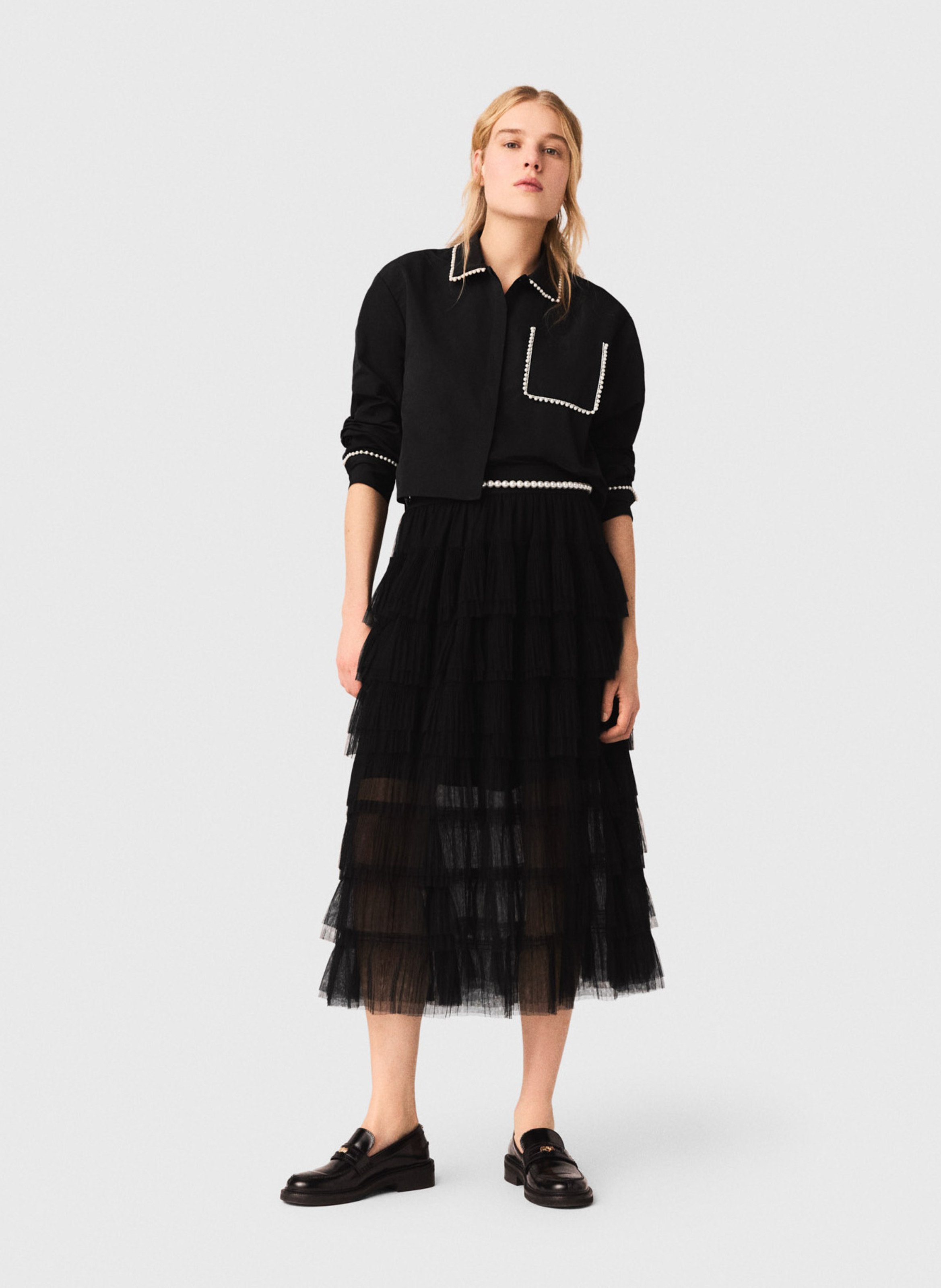 Jupe midi à volants en tulle MAJE Noir