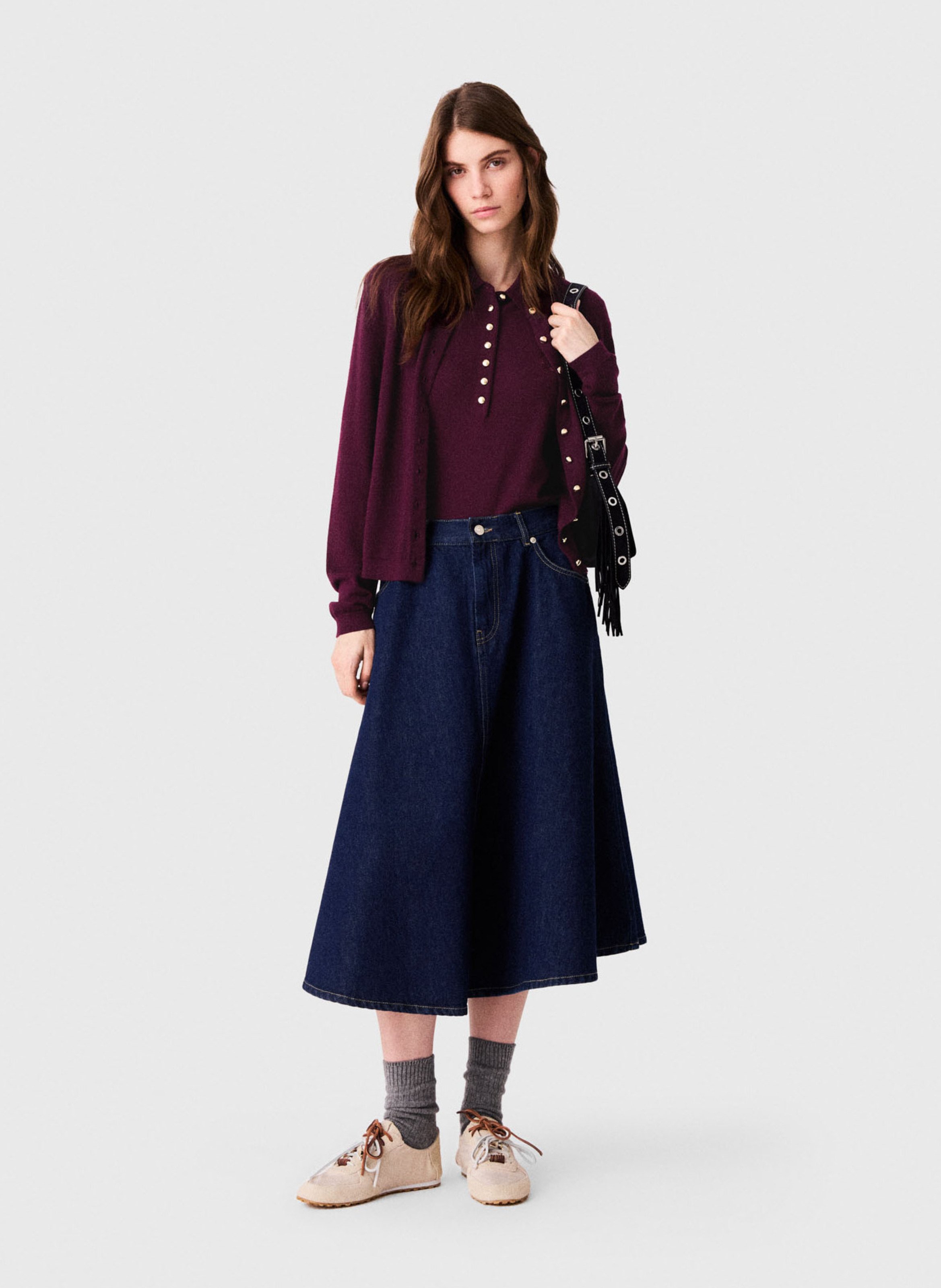 Jupe midi évasée en denim de coton MAJE Bleu