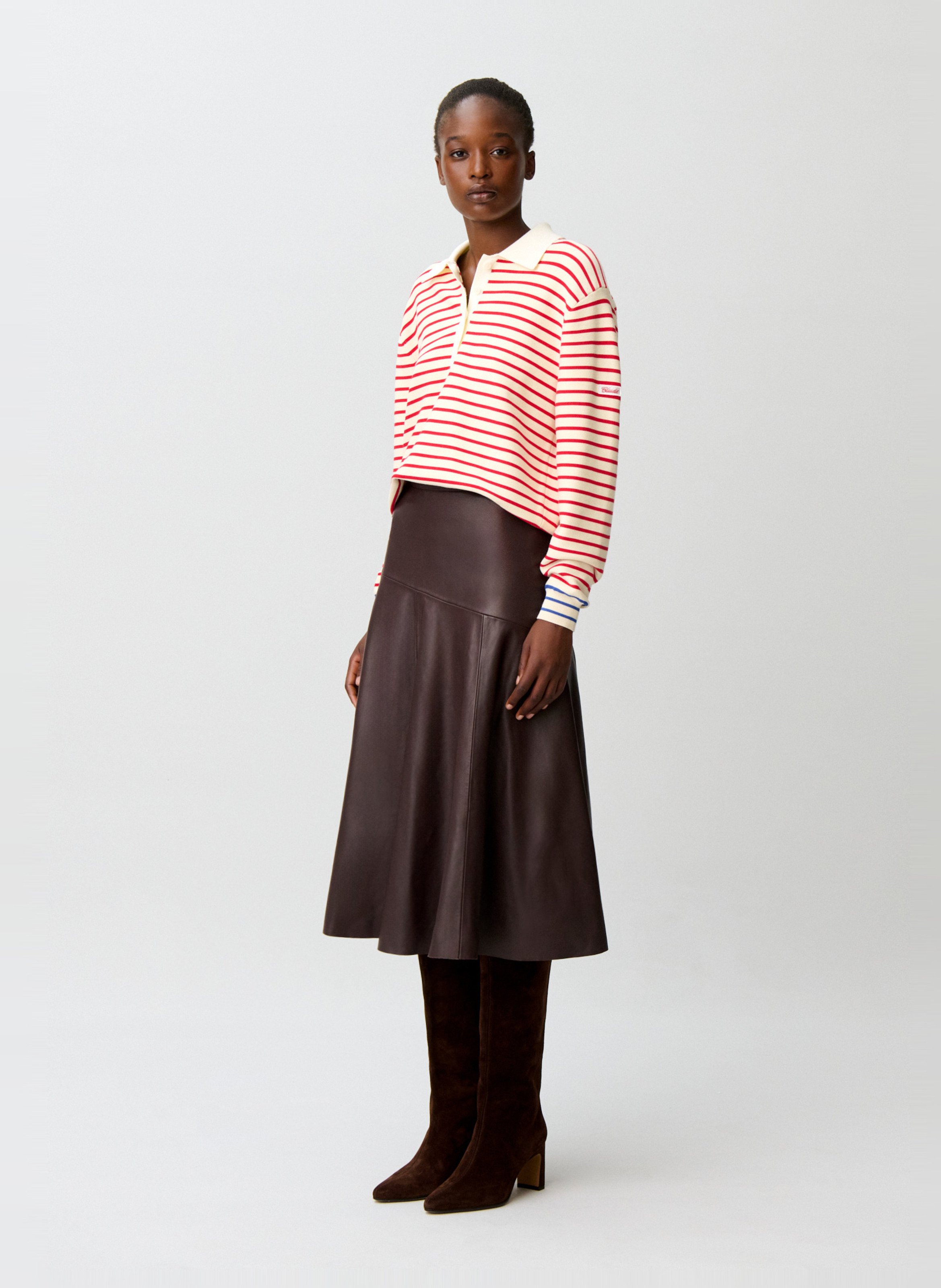 Jupe midi évasée en cuir CLAUDIE PIERLOT Rouge