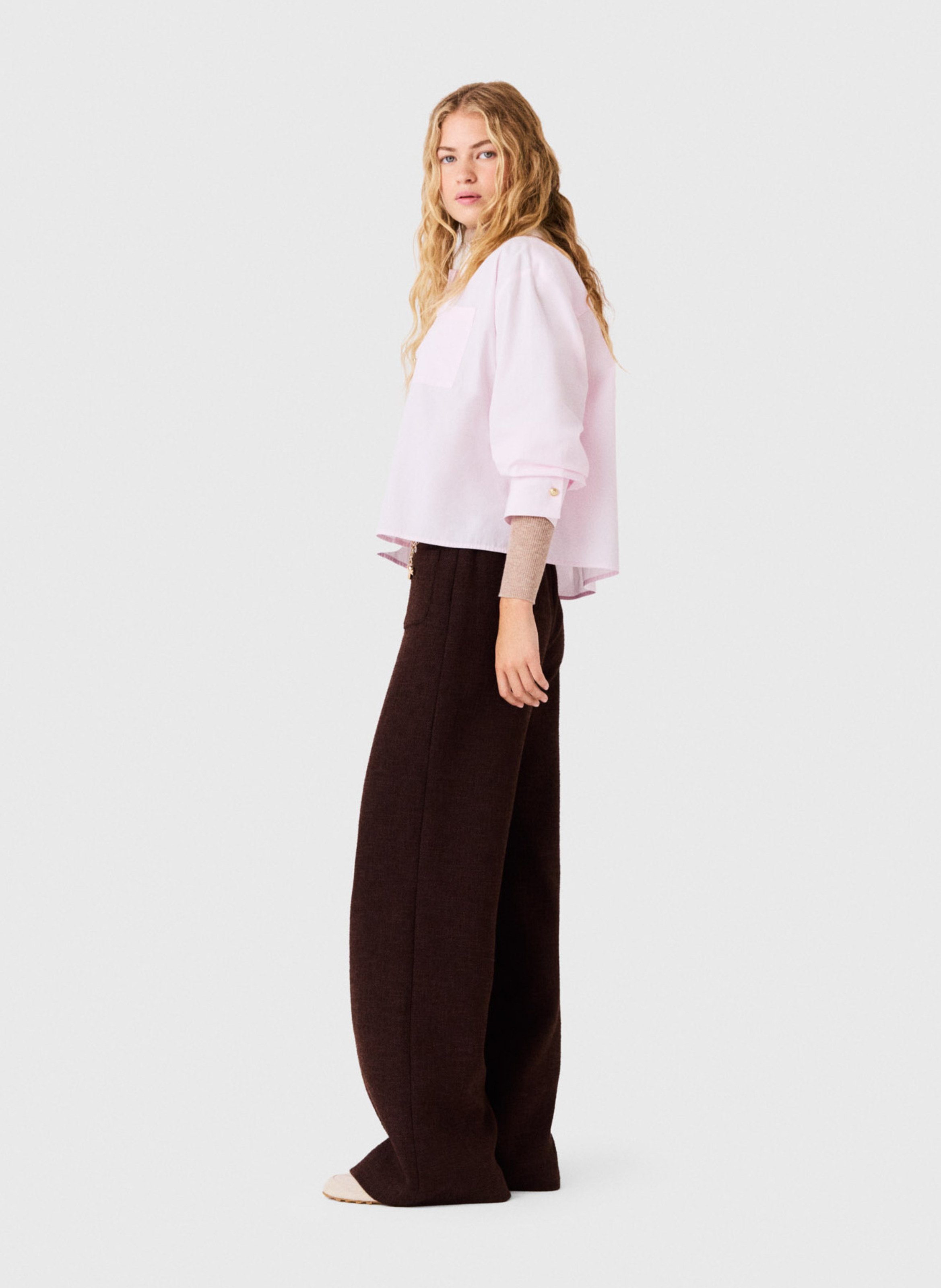 Pantalon large taille haute en tweed MAJE Marron