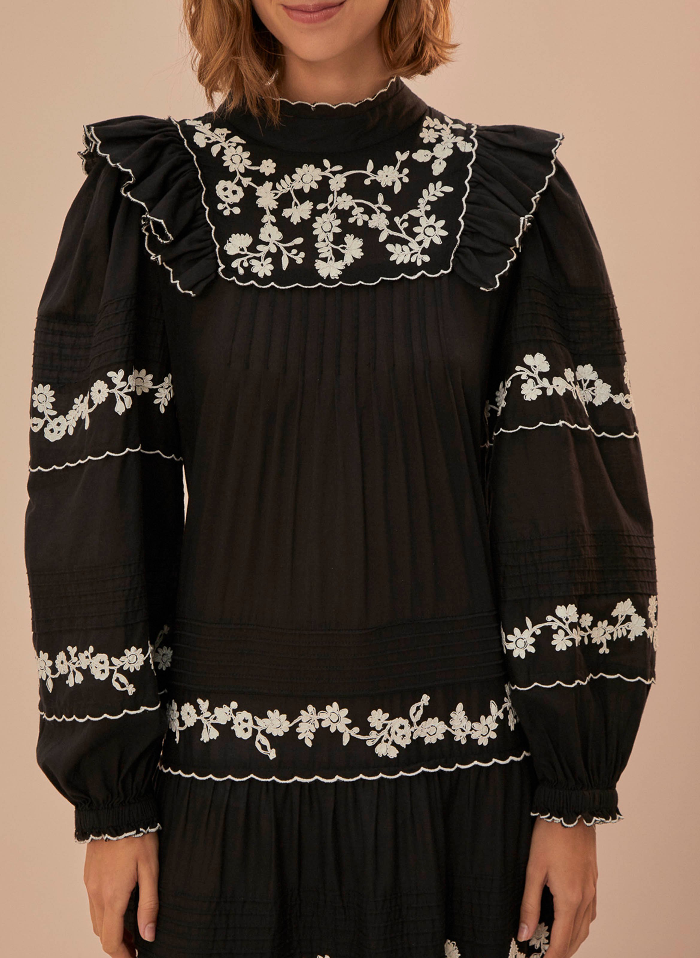Long embroidered cotton dress FARM RIO Black