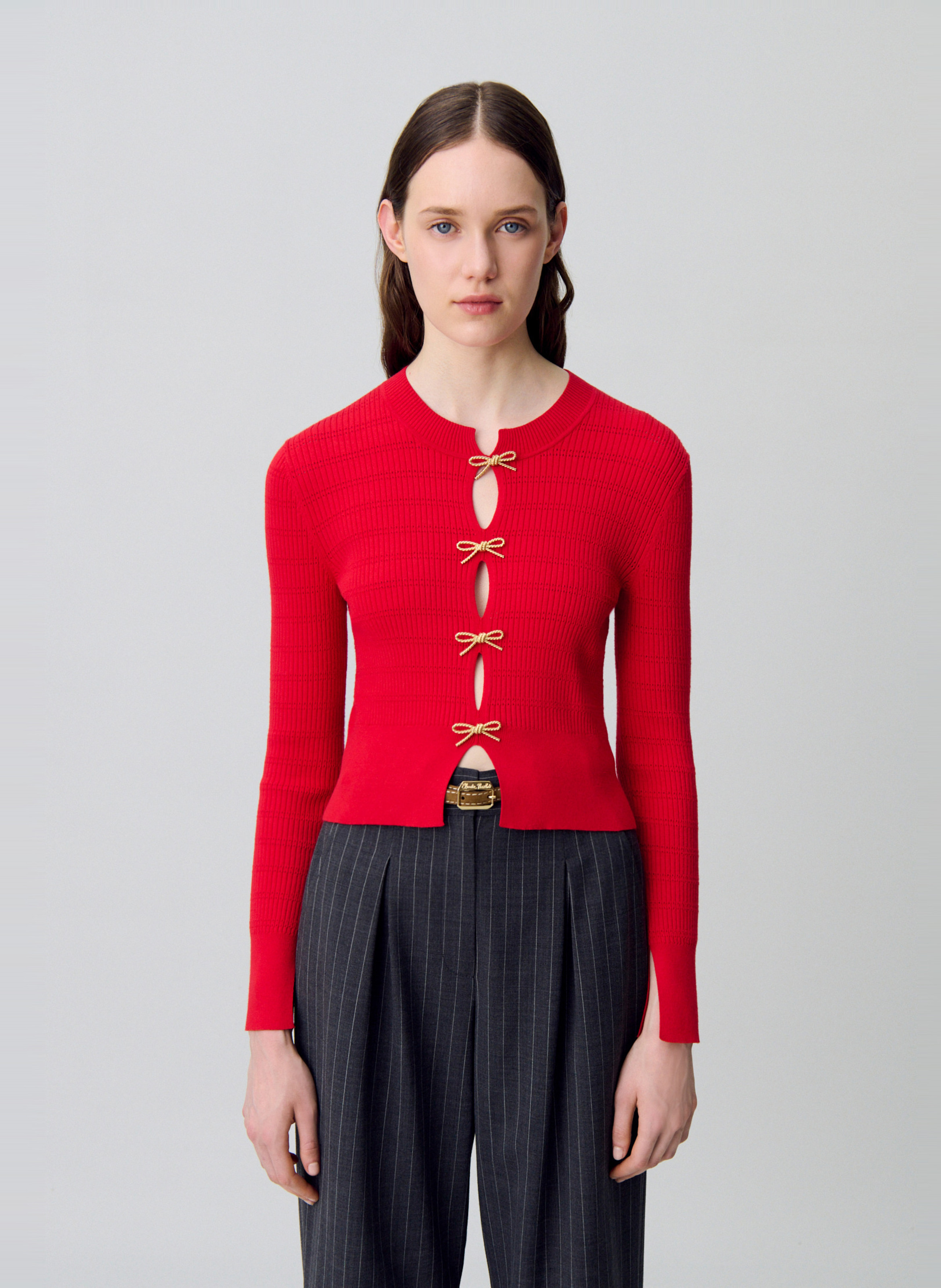 Pull ajusté à détails ajourés et nœuds CLAUDIE PIERLOT Rouge