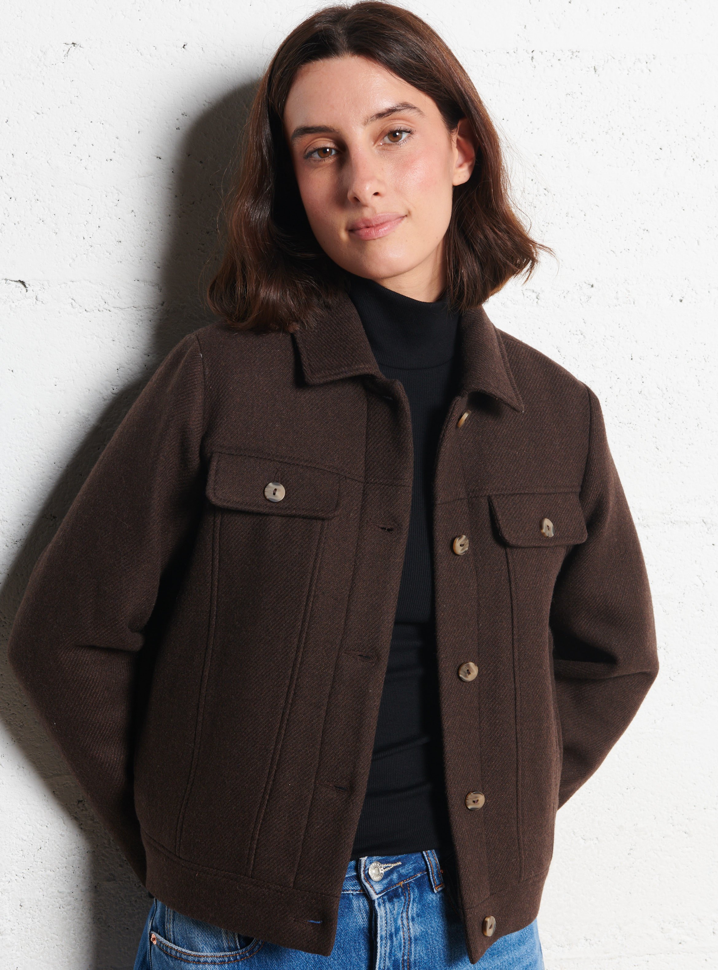 Veste droite col classique en laine mélangée I CODE Marron