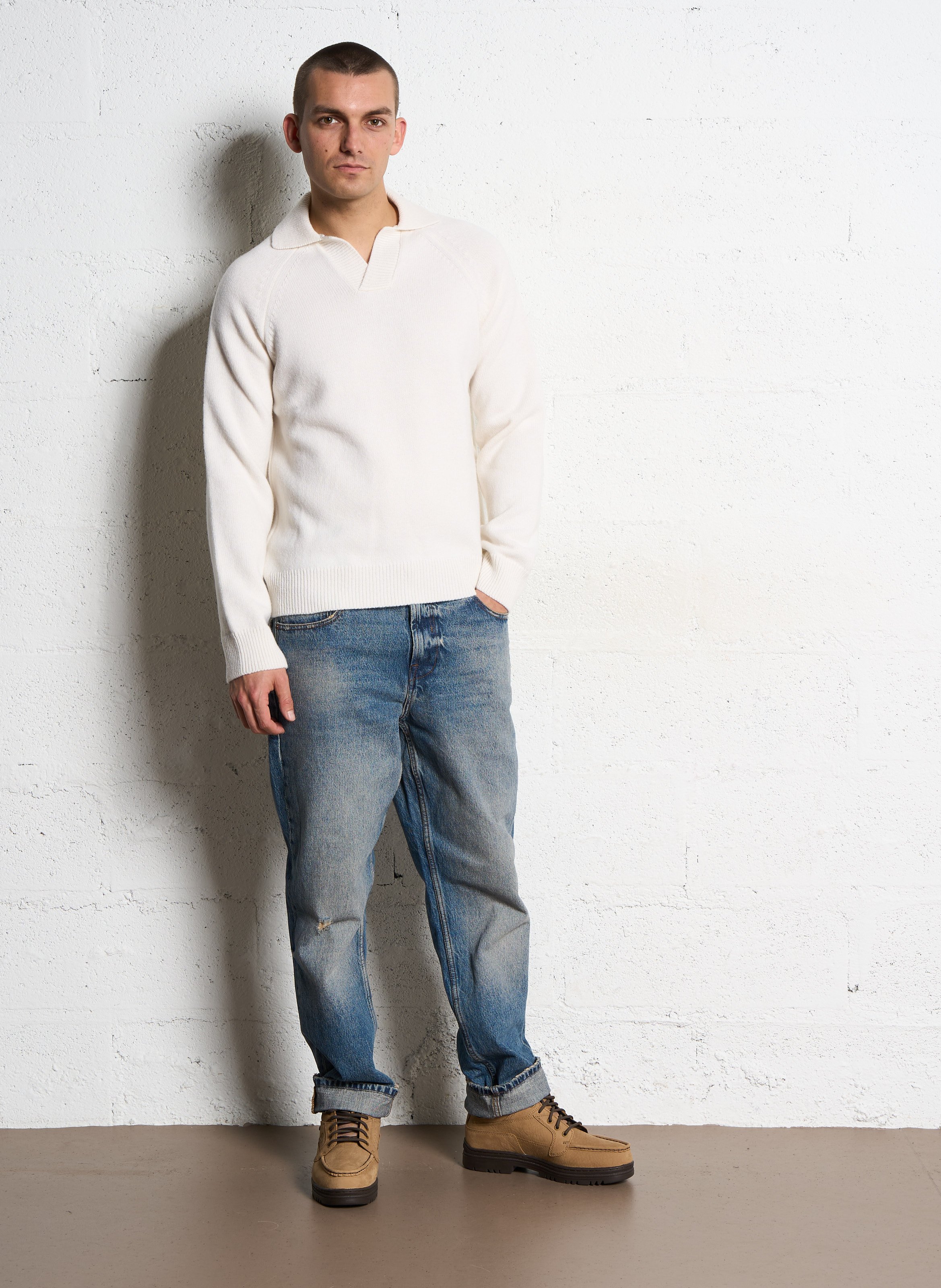 Straight wool sweater with polo collar SAISON 1865 Beige