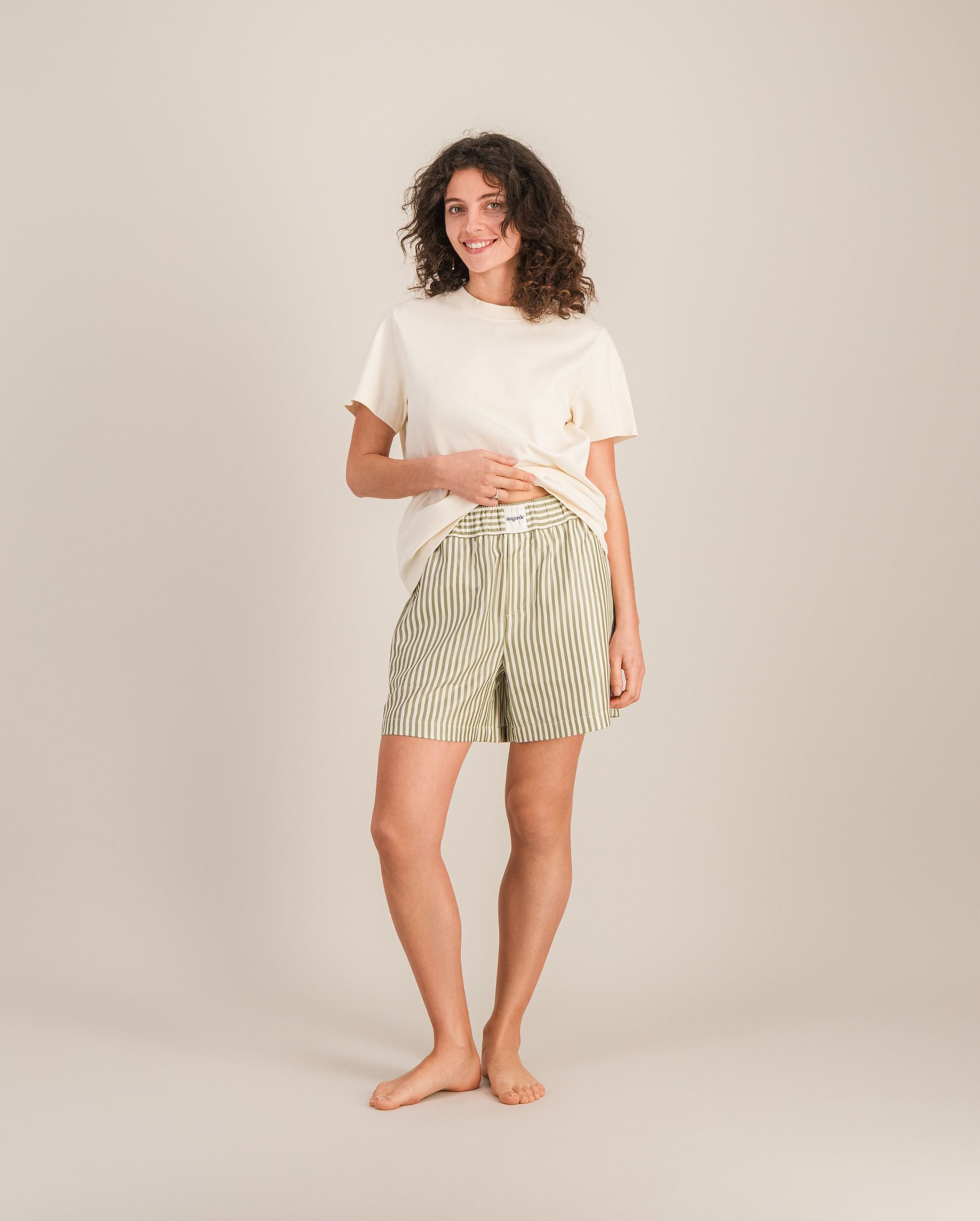 Women's Tencel short, olive stripes ANGARDE Green