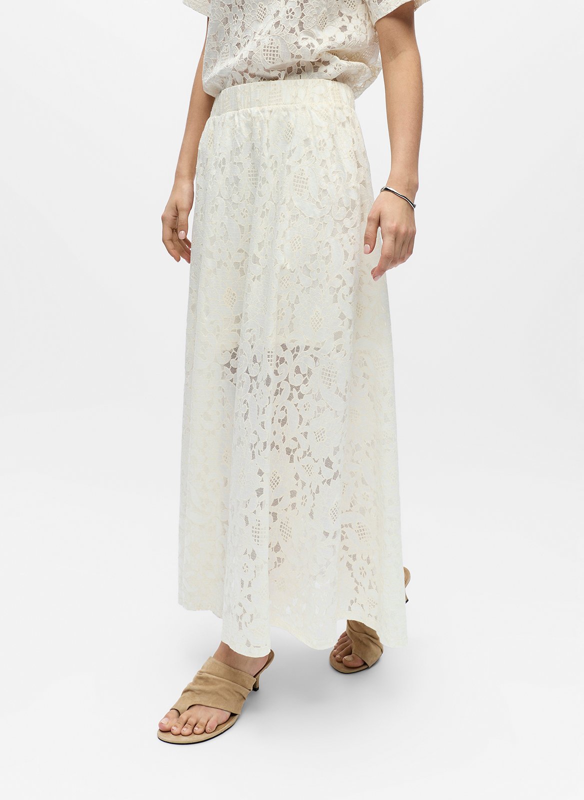 Flared long lace skirt OBJECT Beige