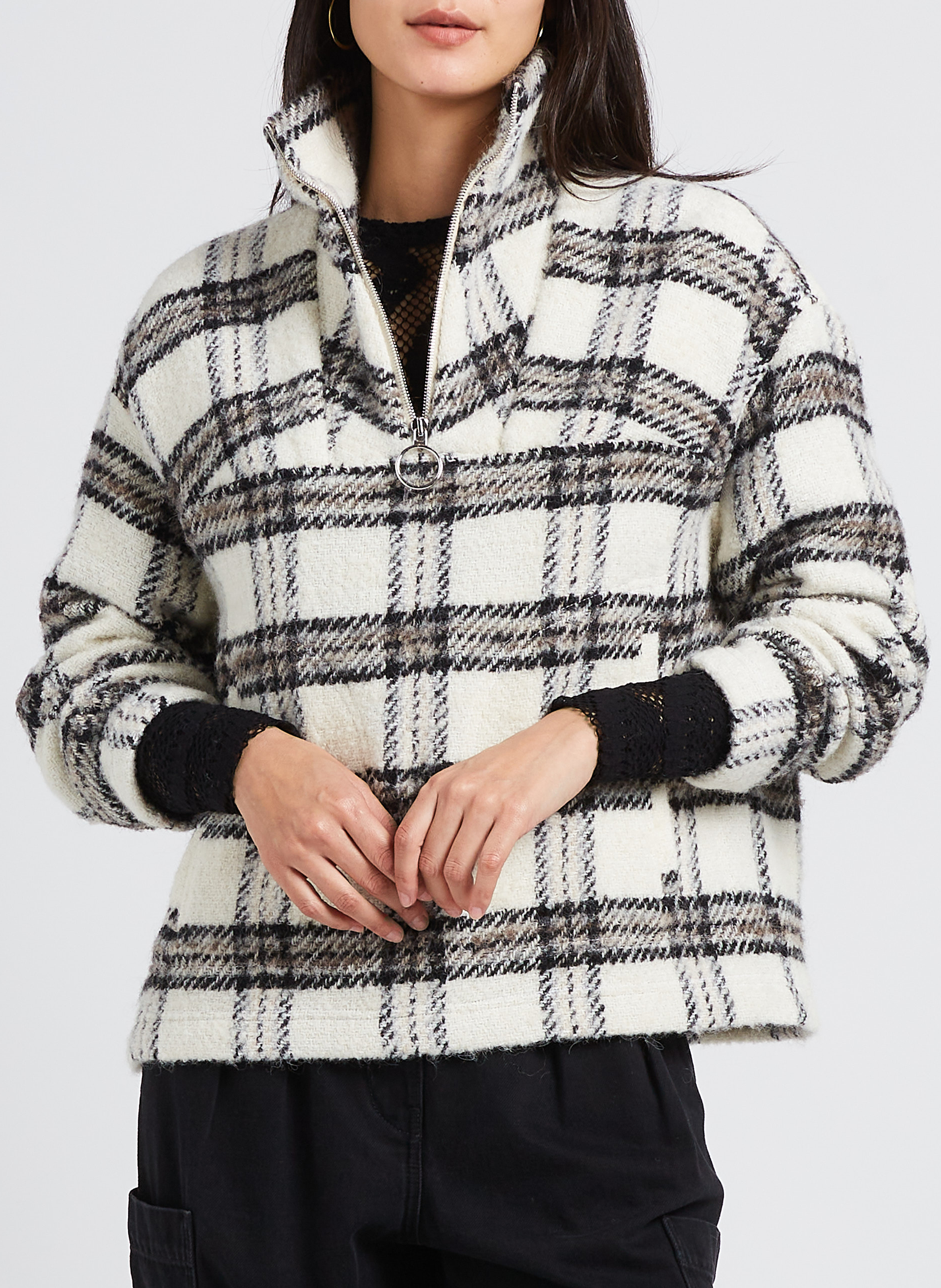 Checked wool-blend sweatshirt with zip-up high neck IRO Beige