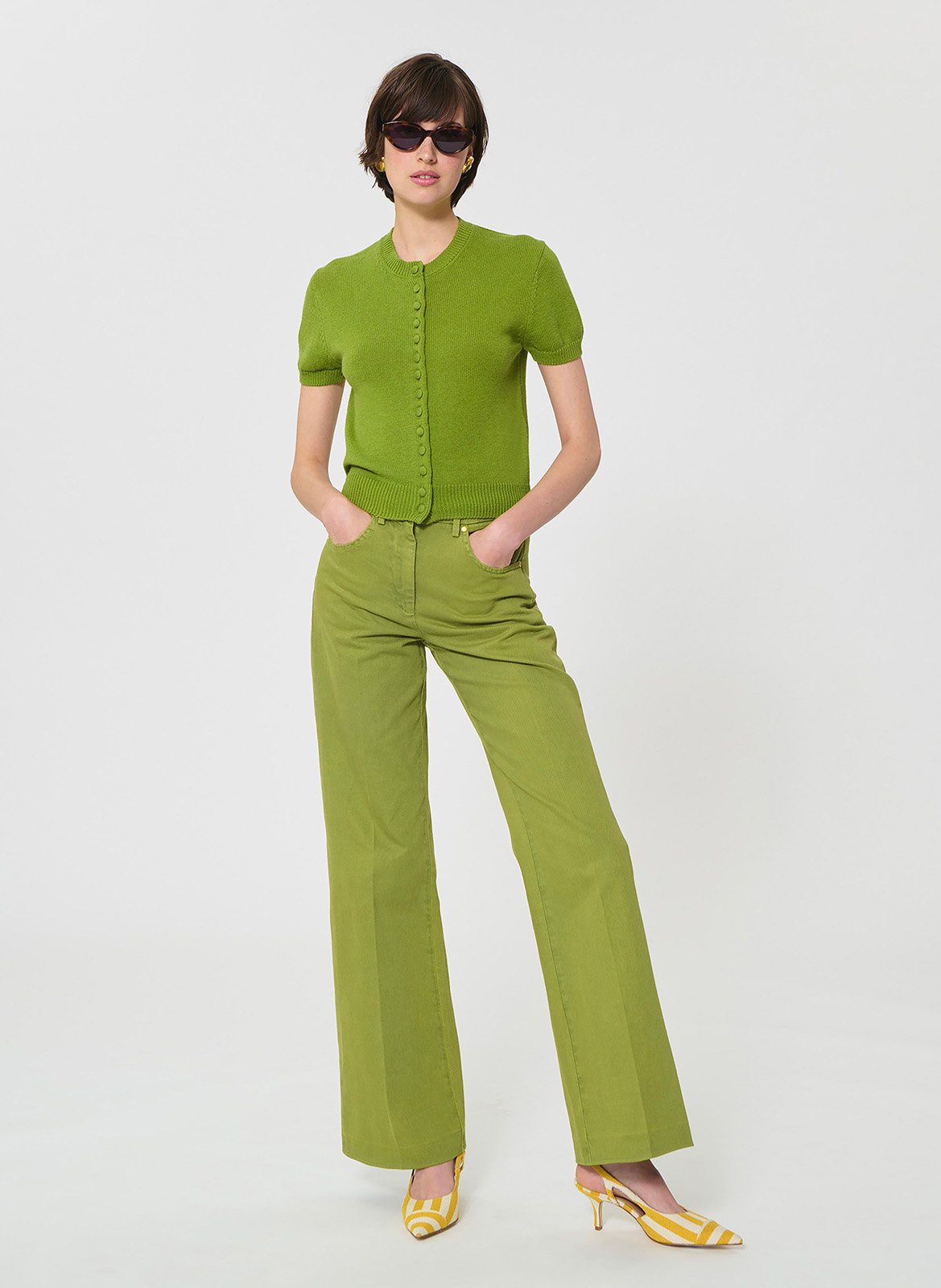 Gilet droit col rond en coton et laine TARA JARMON Vert