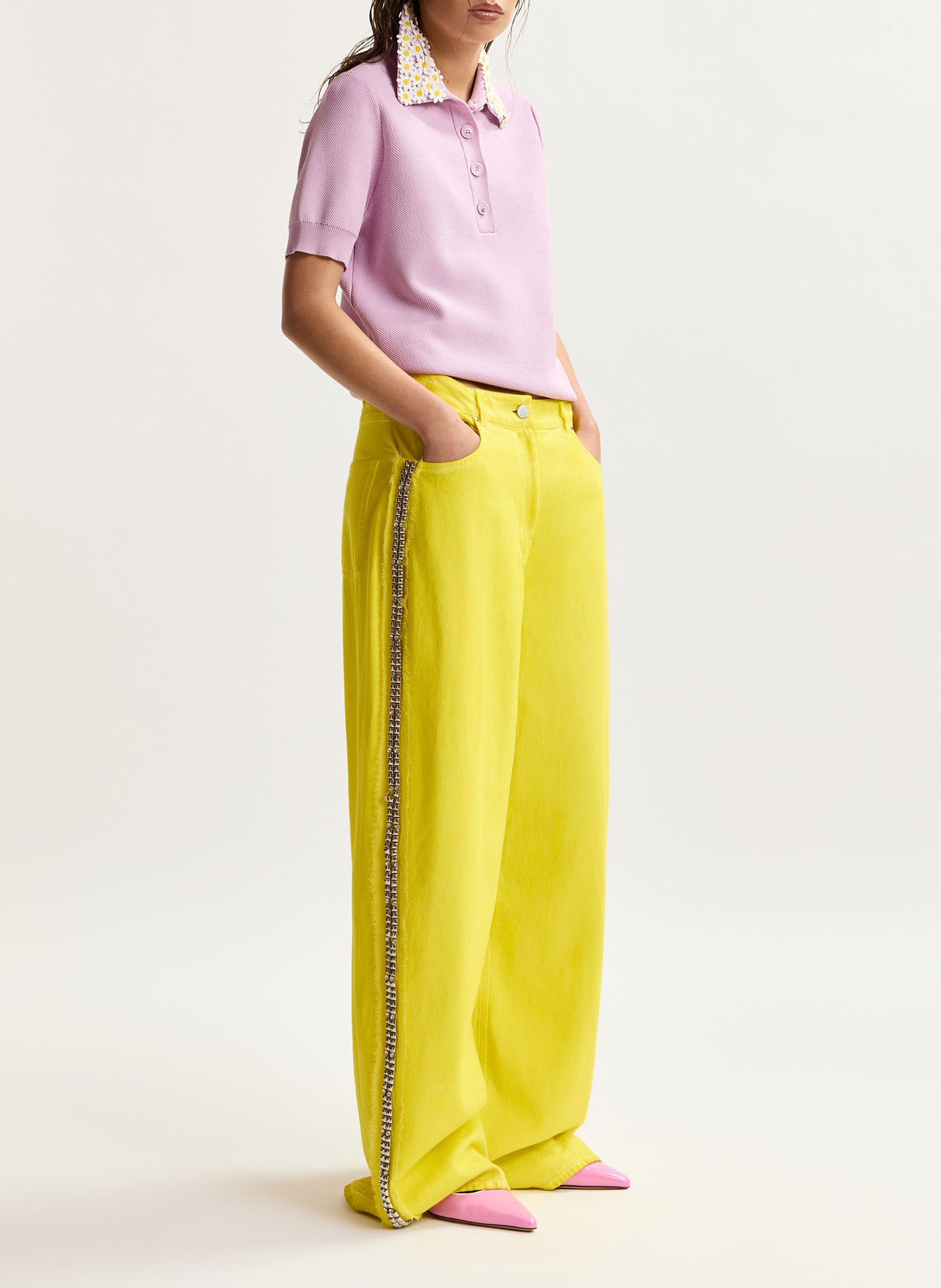 Short-sleeved plain polo shirt with flowers ESSENTIEL ANTWERP Purple