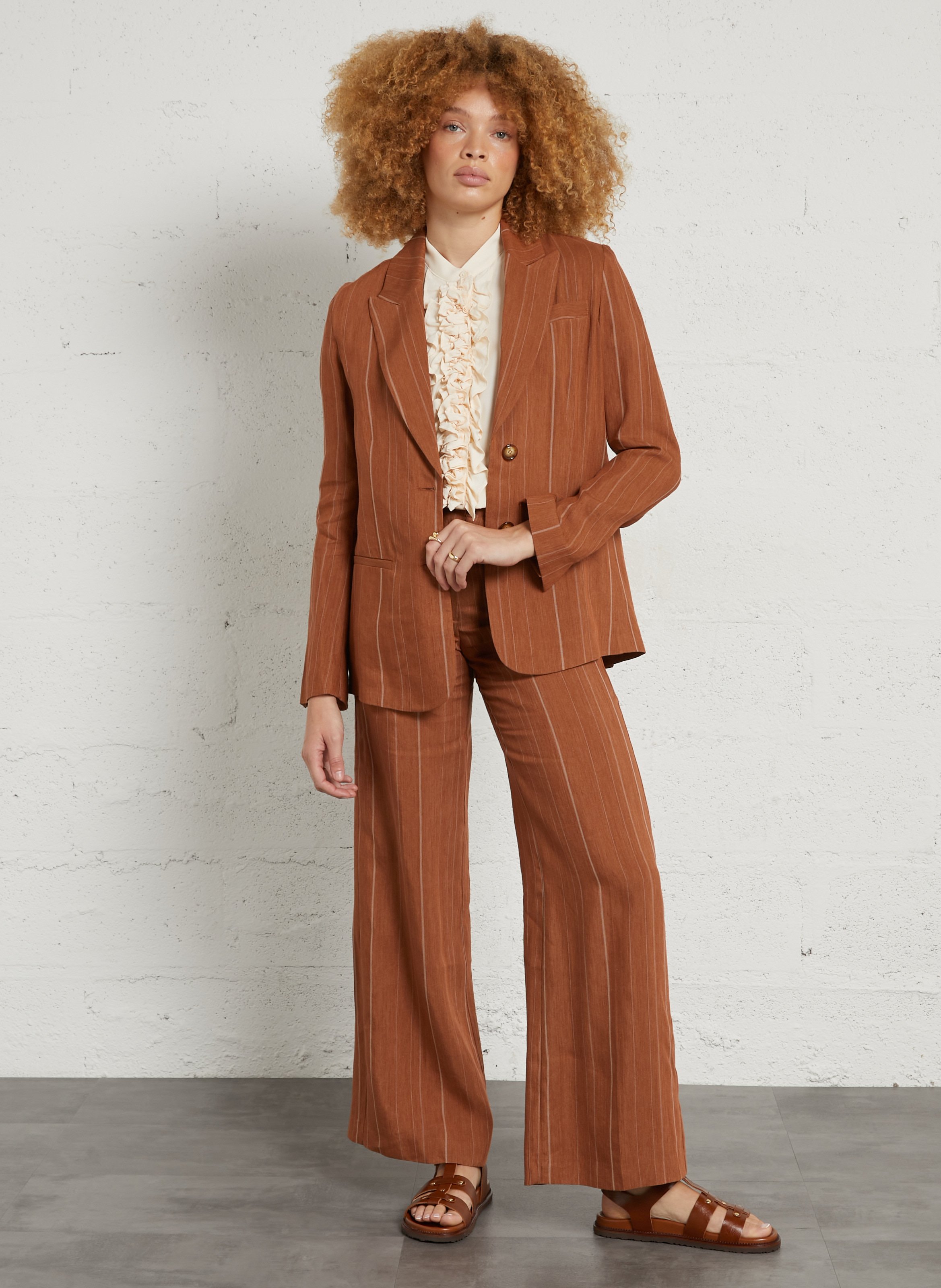 Pantalon large en lin mélangé rayé MOMONI Marron