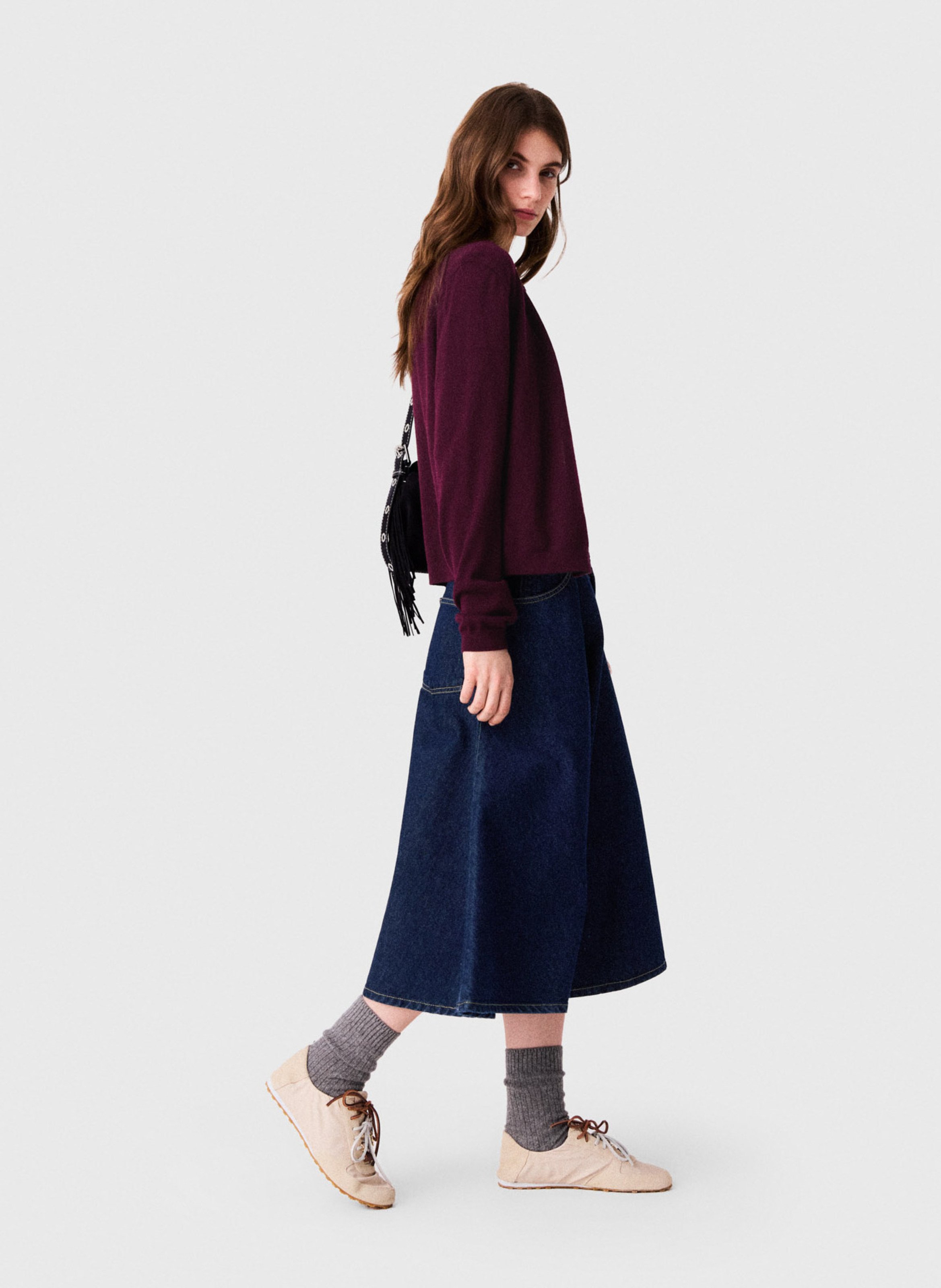 Jupe midi évasée en denim de coton MAJE Bleu