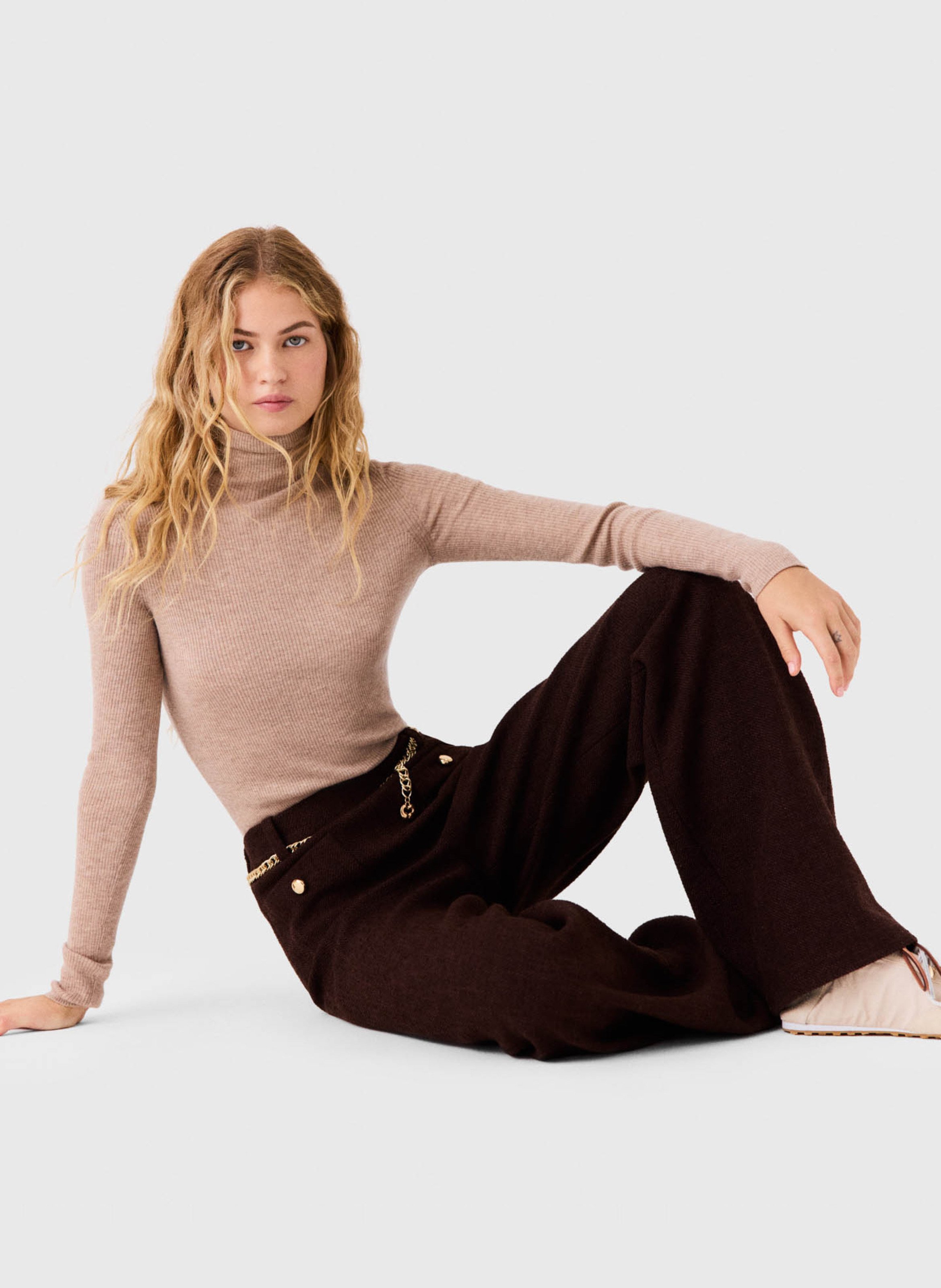 Pantalon large taille haute en tweed MAJE Marron