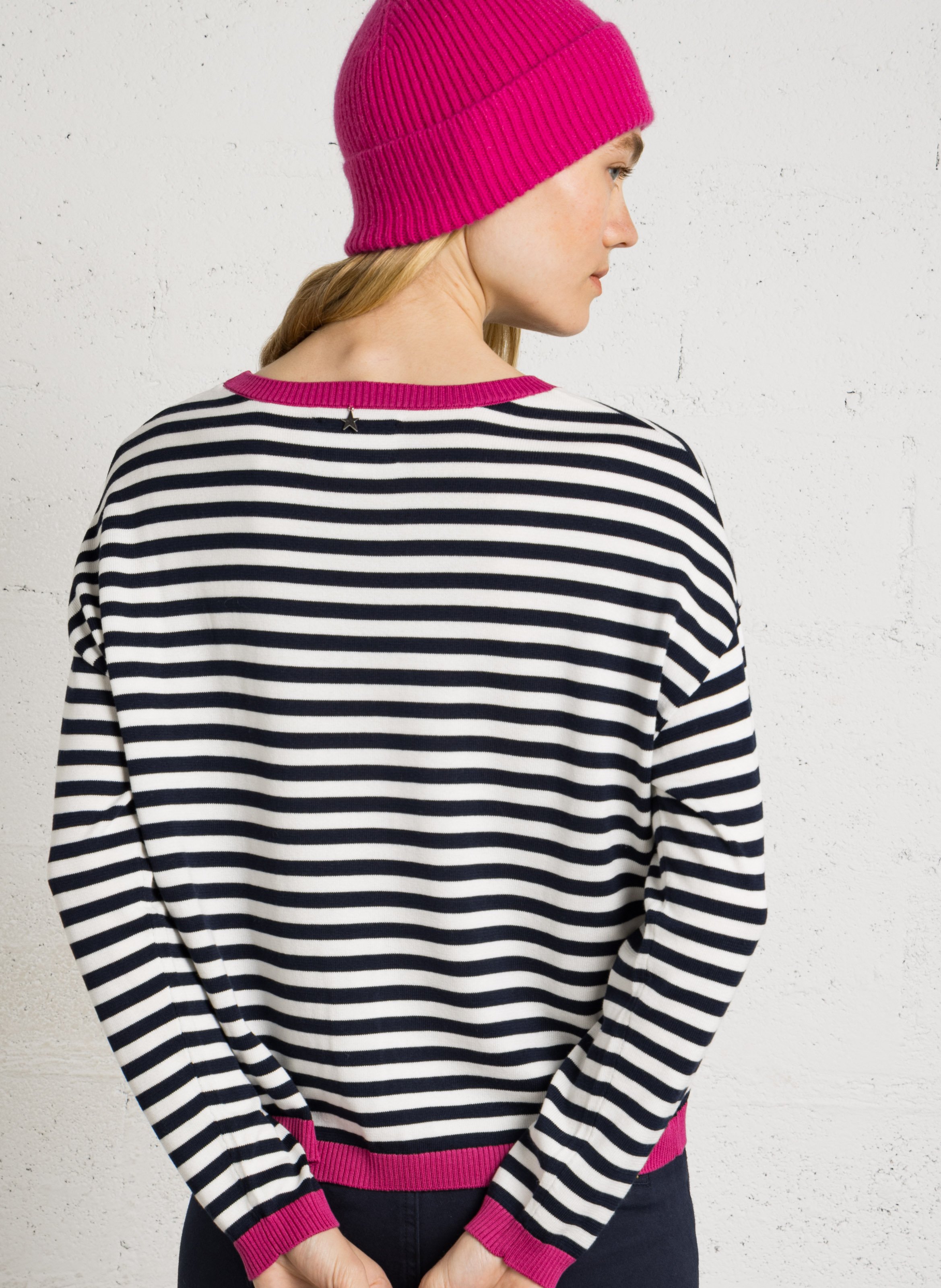 Pull oversize col rond en coton mélangé rayé SUD EXPRESS Rose