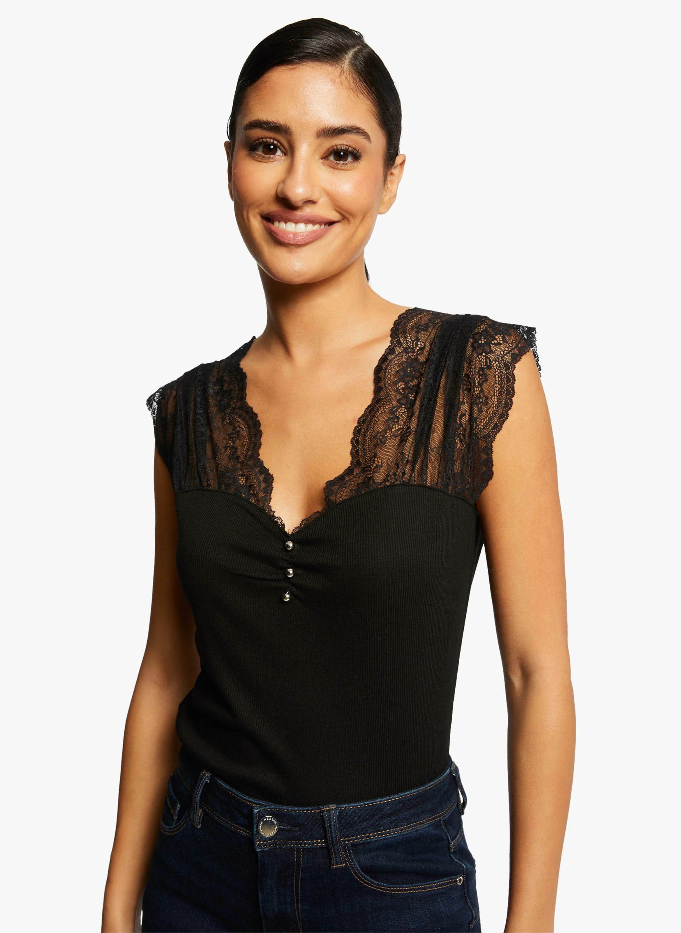 De Encaje Con Cuello De Pico Y Manga Corta Noir Morgan - Mujer | Place des Tendances