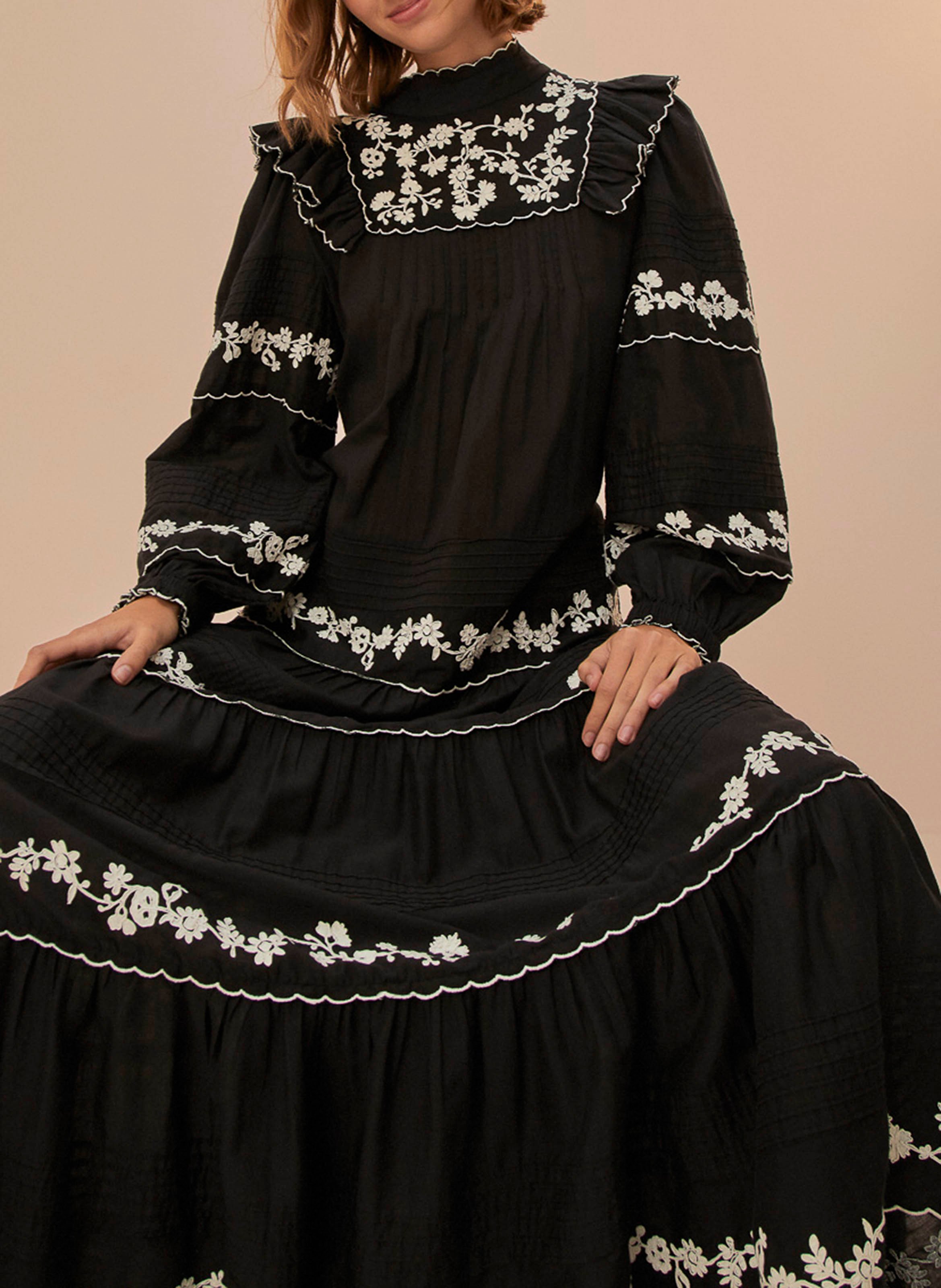 Long embroidered cotton dress FARM RIO Black