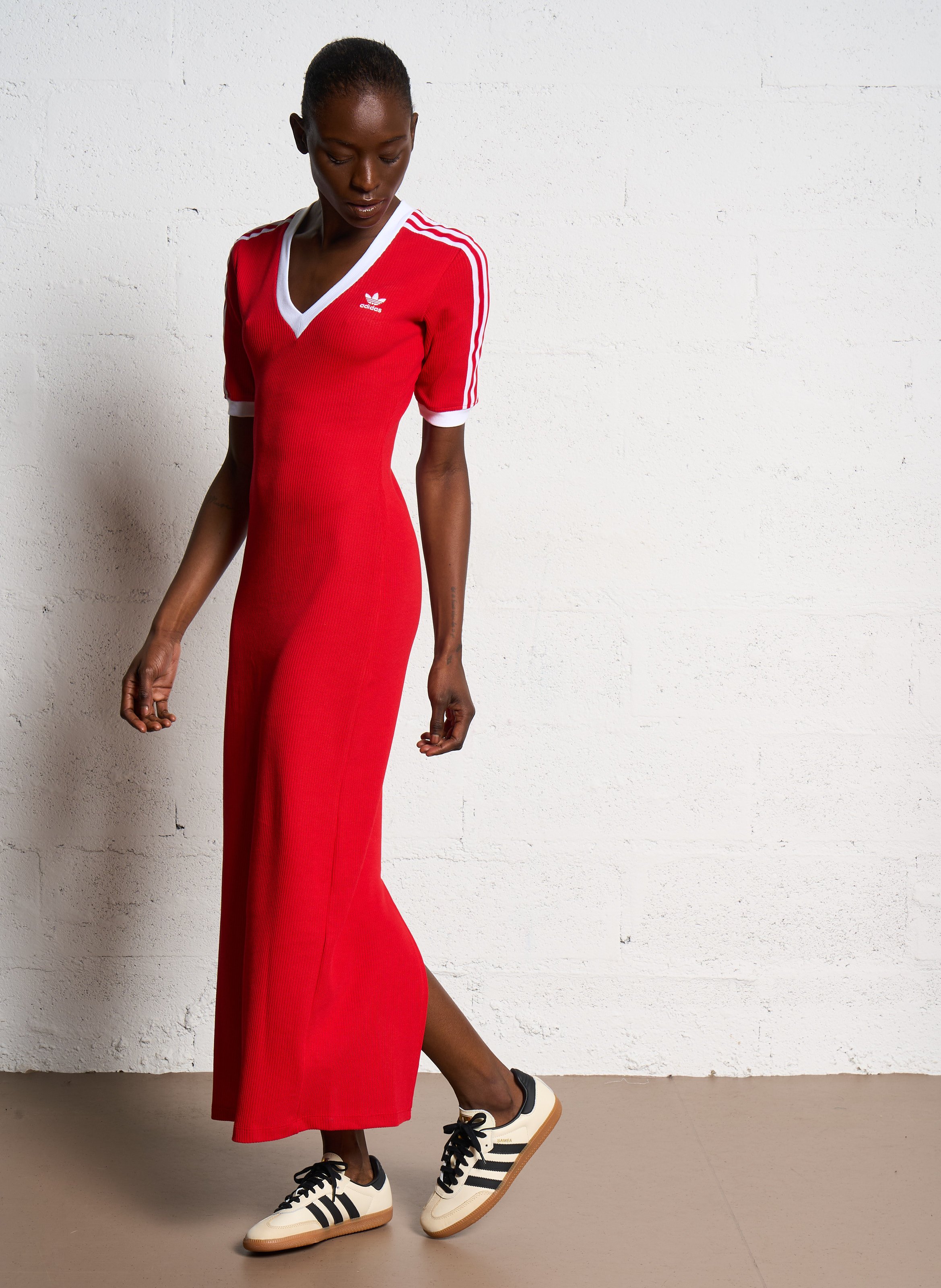 Red Long ribbed cotton blend dress