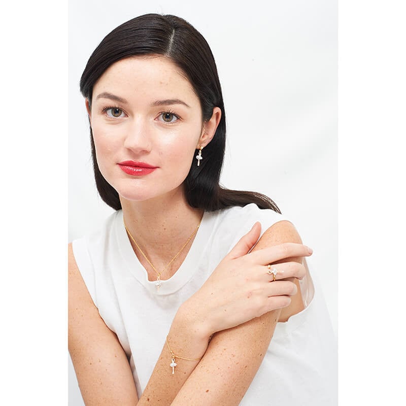 Adjustable ring with mini ballerina in rhinestones and pearl LES NEREIDES White