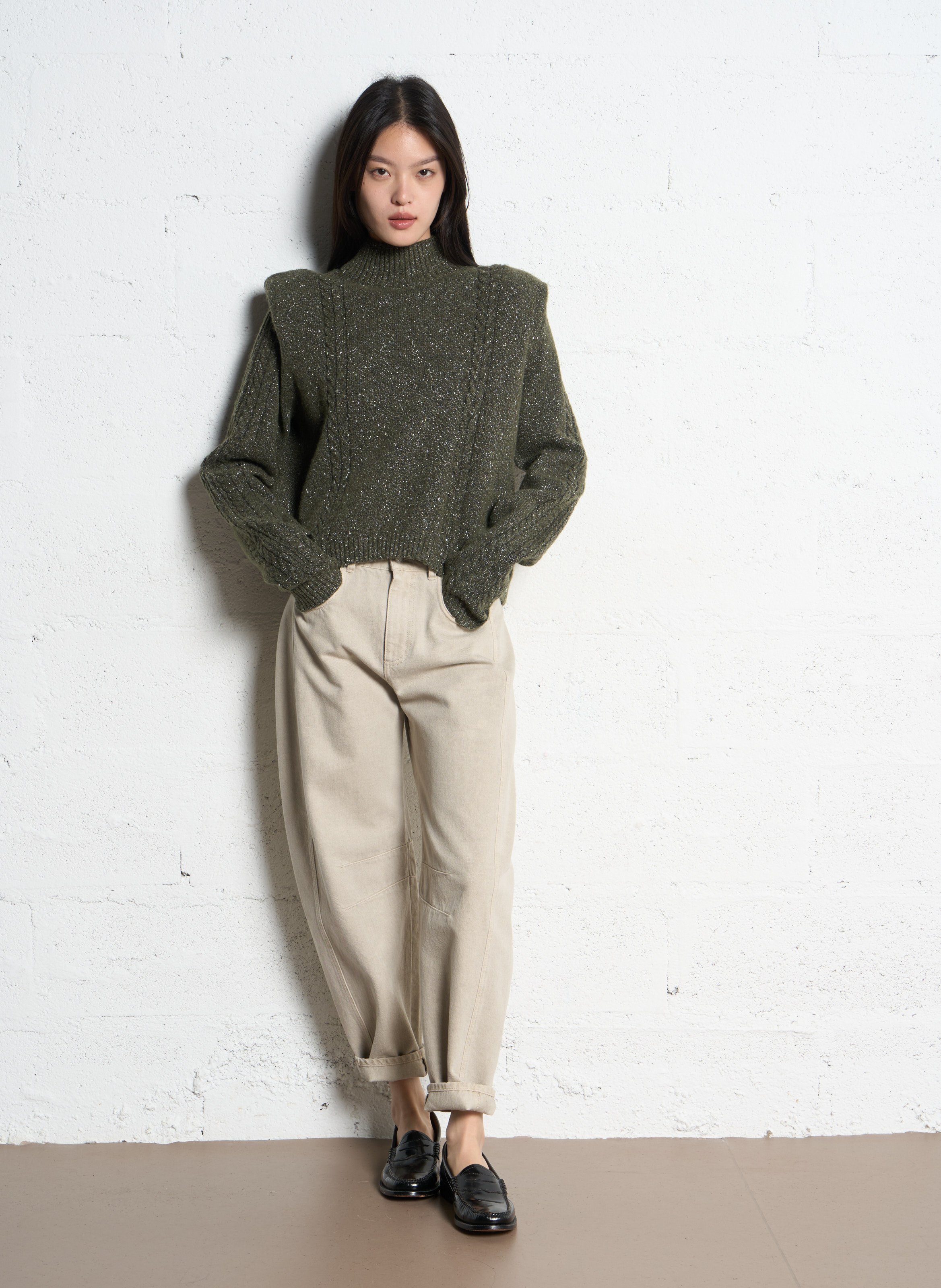 Pull court tressé à détails métallisés IKKS Kaki