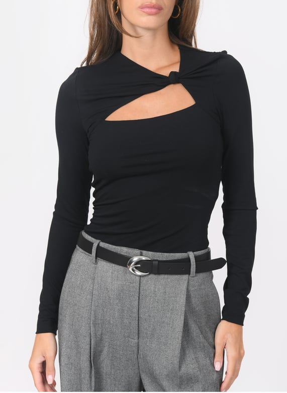 Top Donna Modellante Top Donna REORIA Con Collo Asimmetrico Maniche Lunghe Coste Nero Taglia L 1346185 - Foto 5