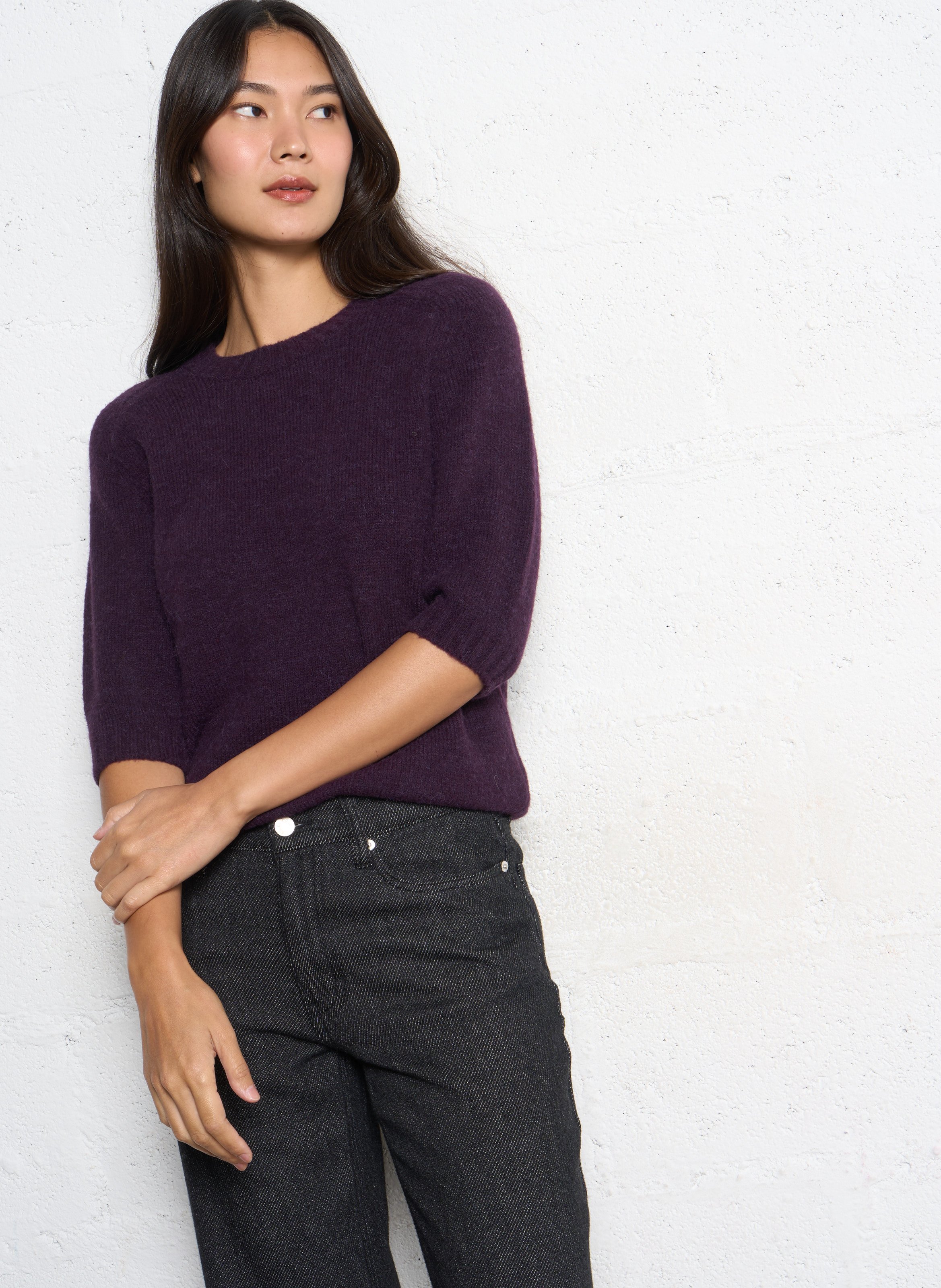 Pull droit col rond en maille mélangée SOEUR Violet