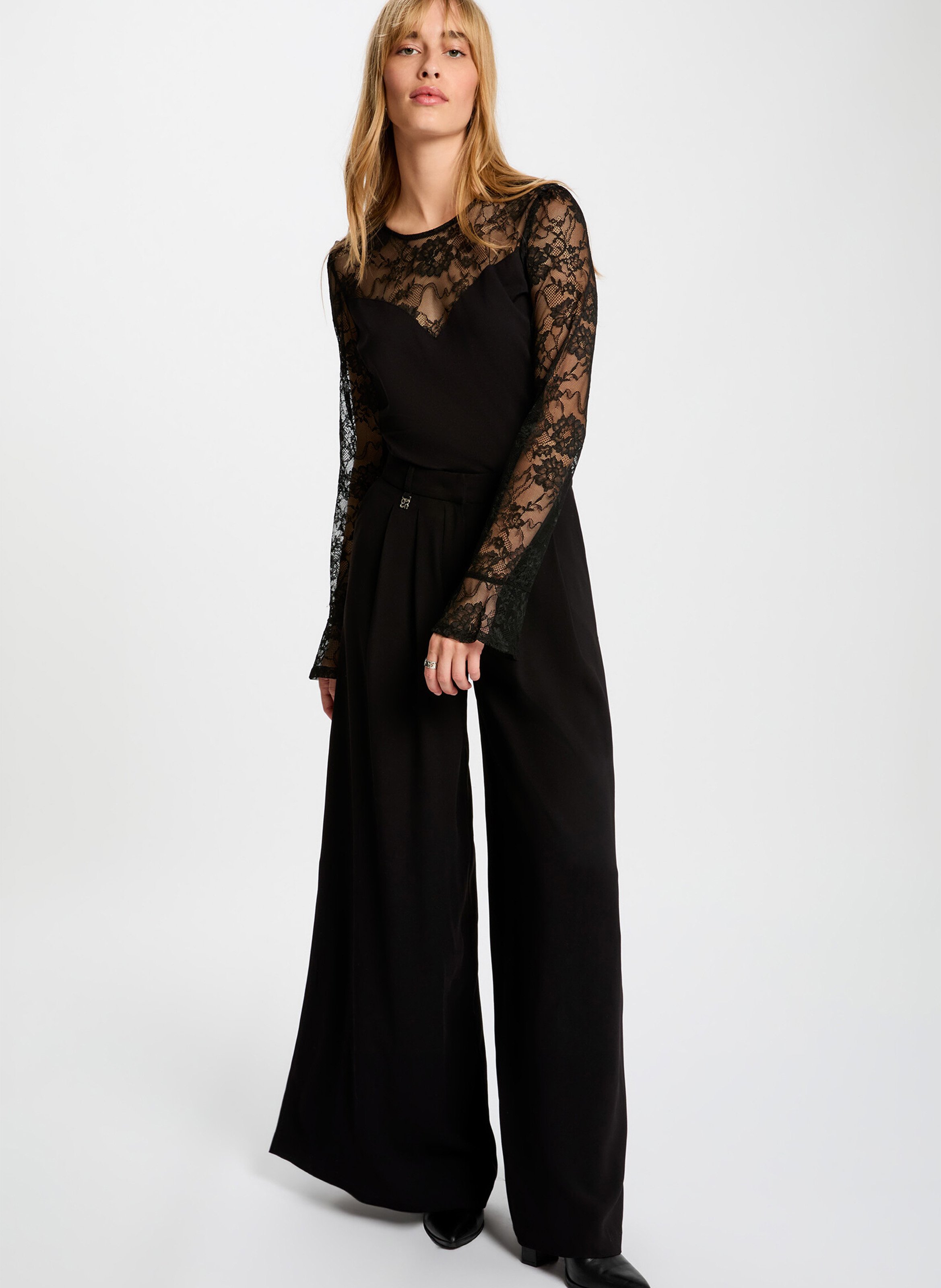 Top manches longues cintré en dentelle MORGAN Noir