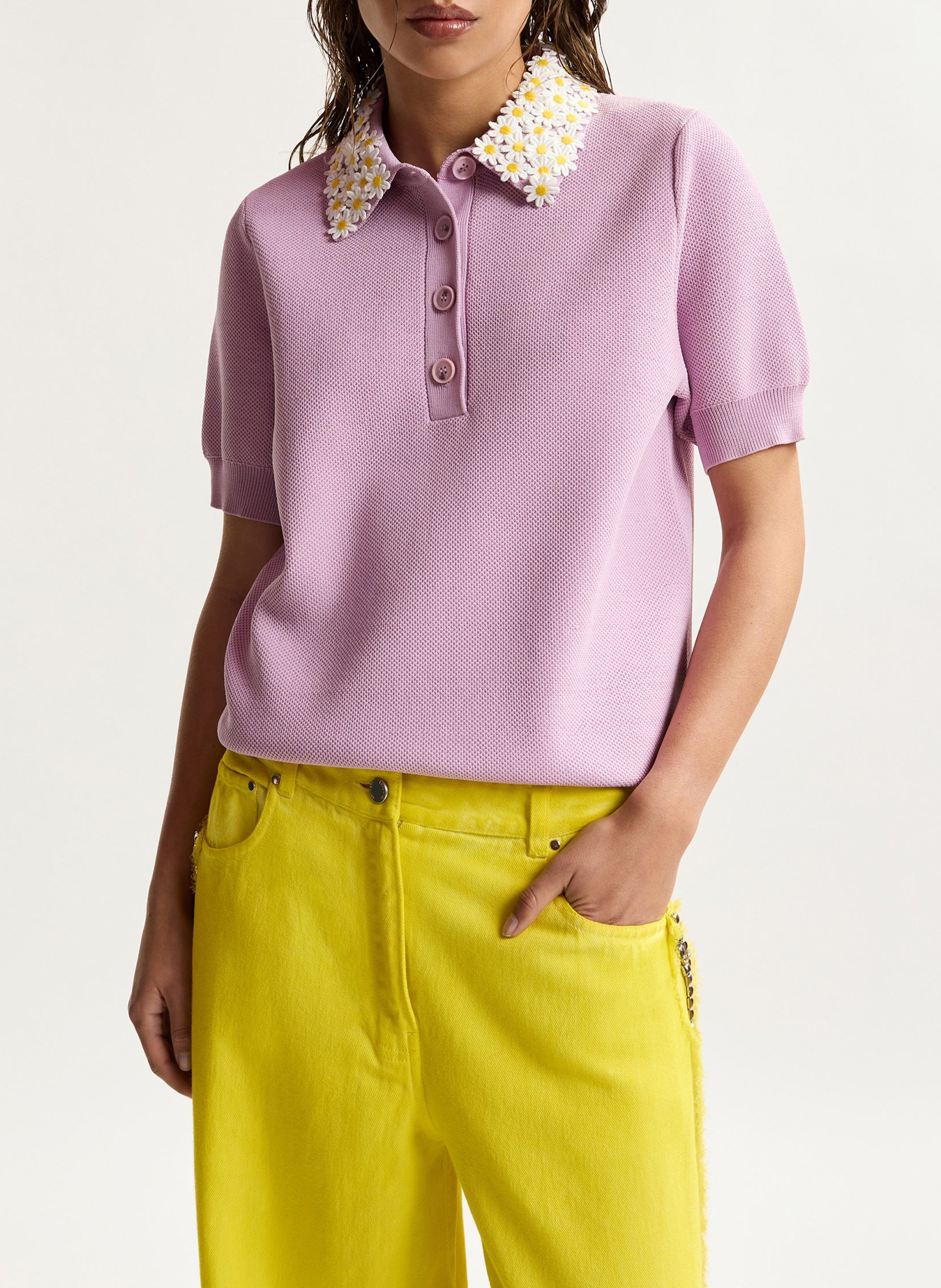Short-sleeved plain polo shirt with flowers ESSENTIEL ANTWERP Purple