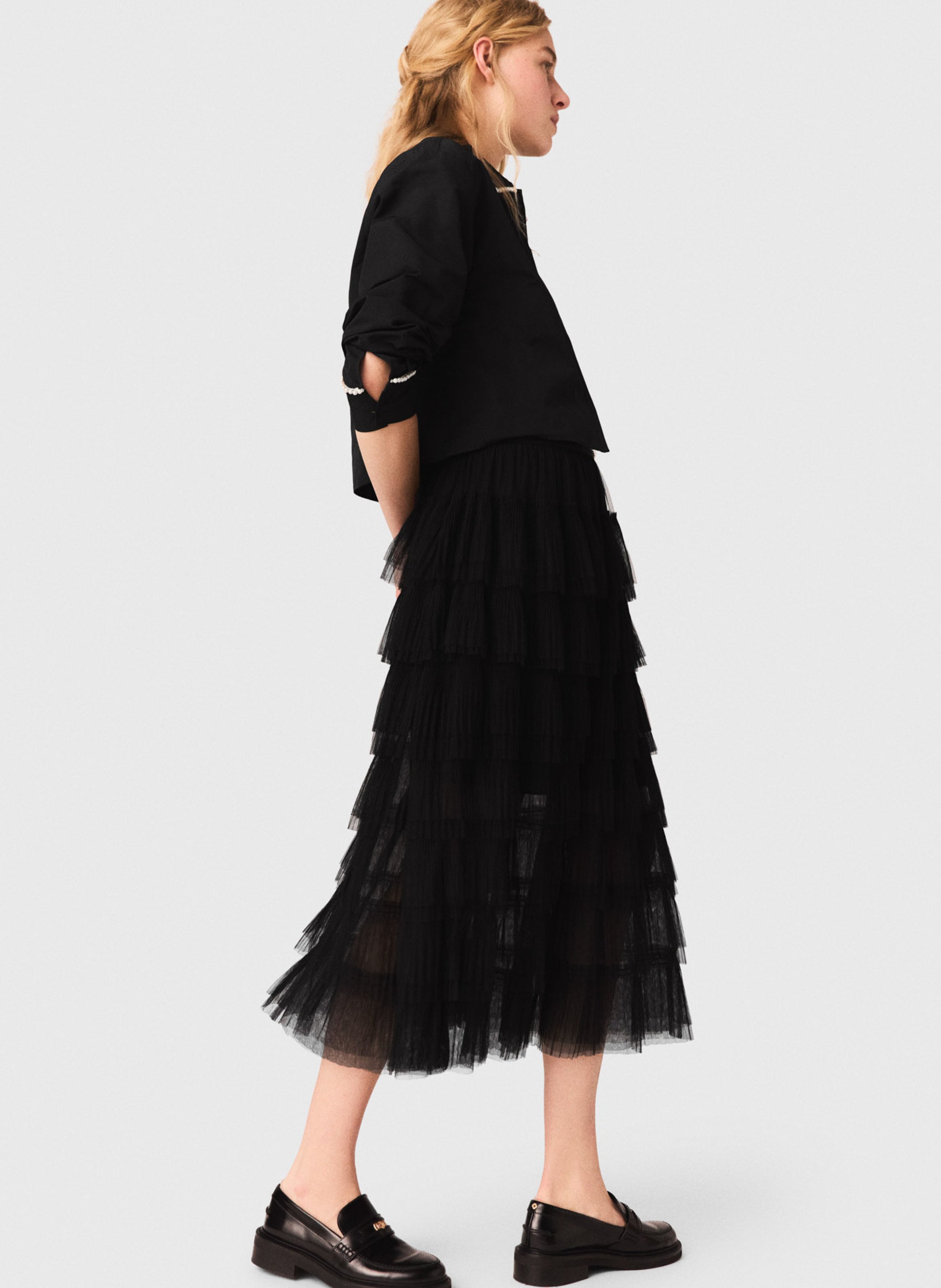 Jupe midi à volants en tulle MAJE Noir