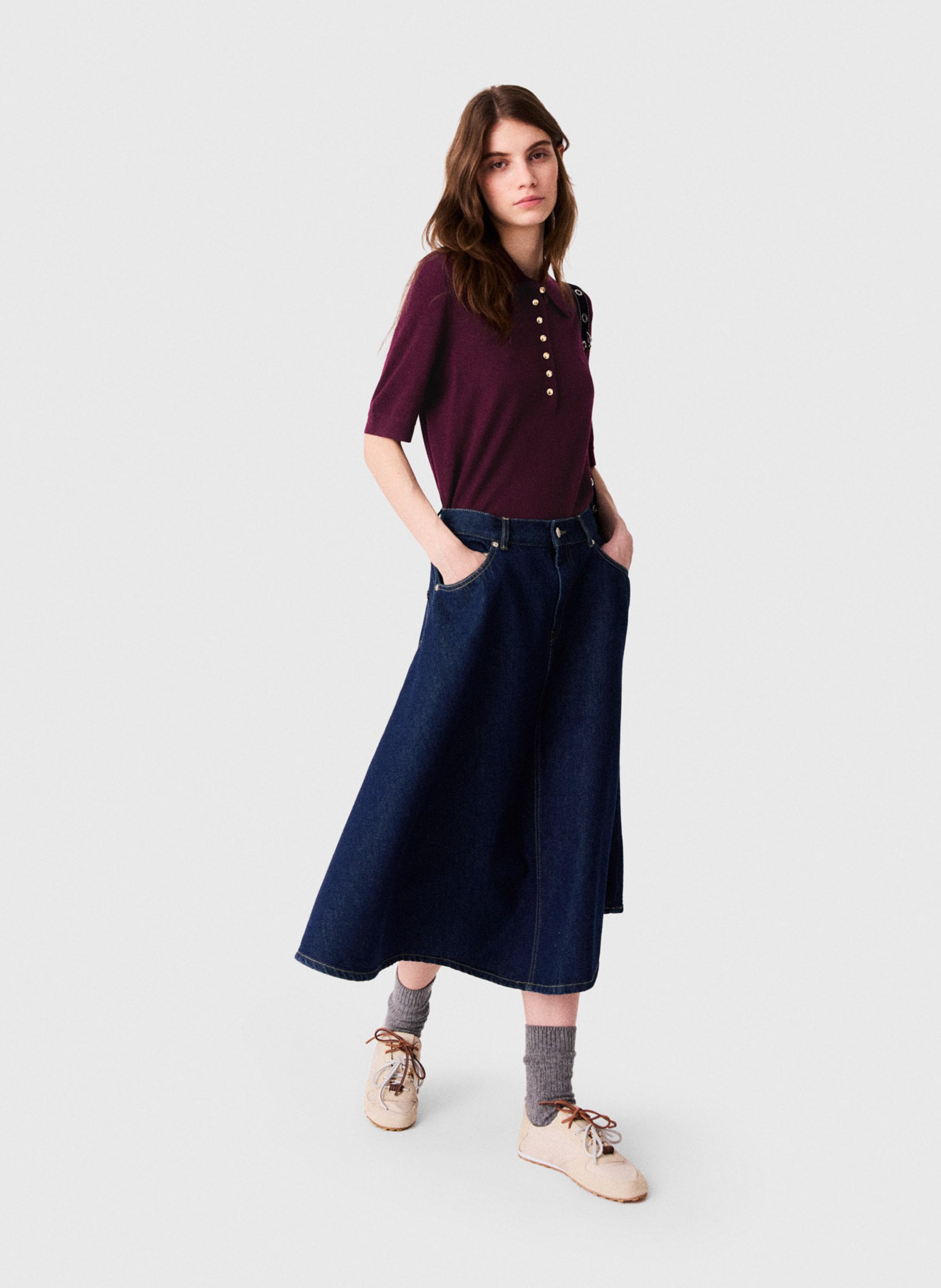 Jupe midi évasée en denim de coton MAJE Bleu