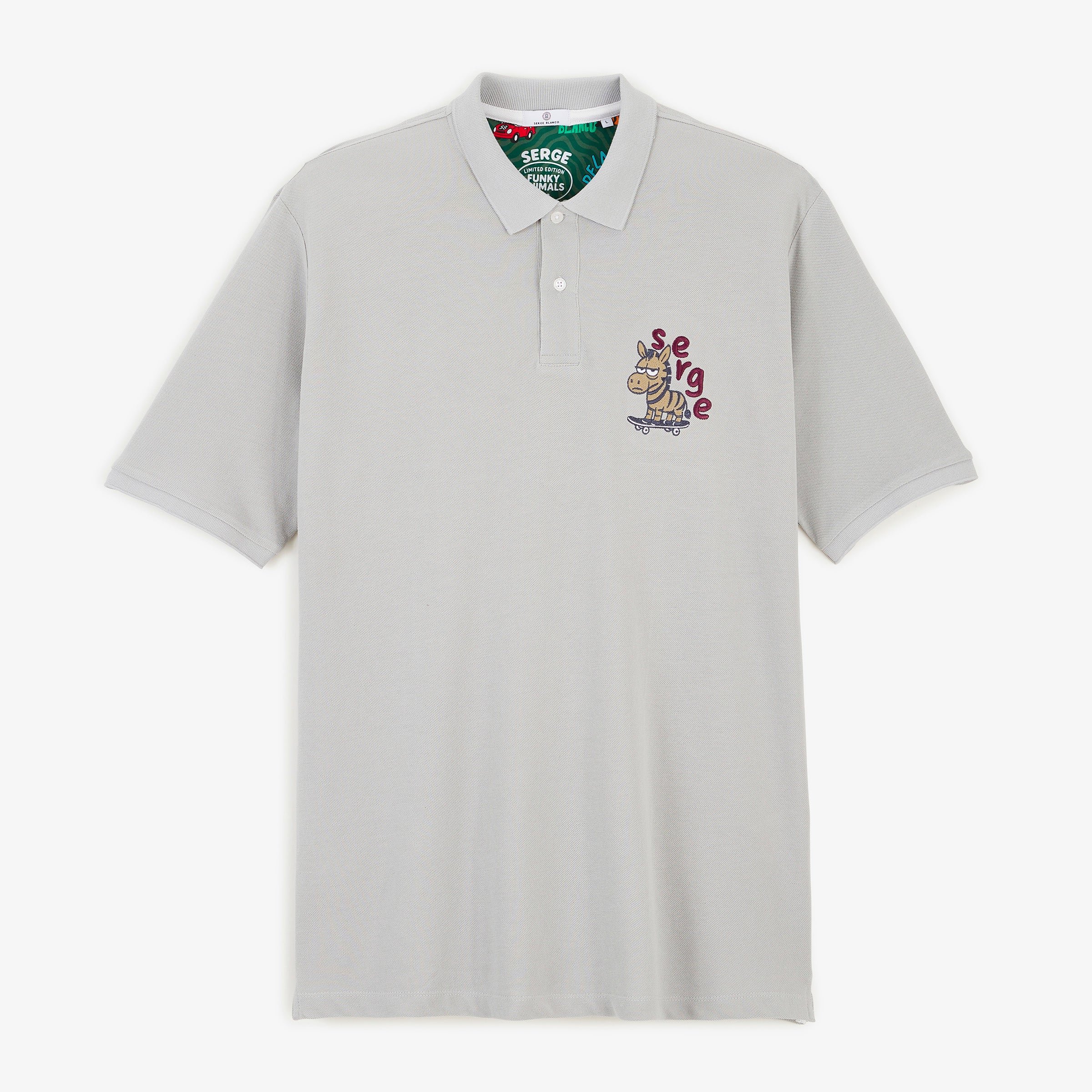 Short-sleeved piqué polo with funky animals in gray feather cotton SERGE BLANCO Grey