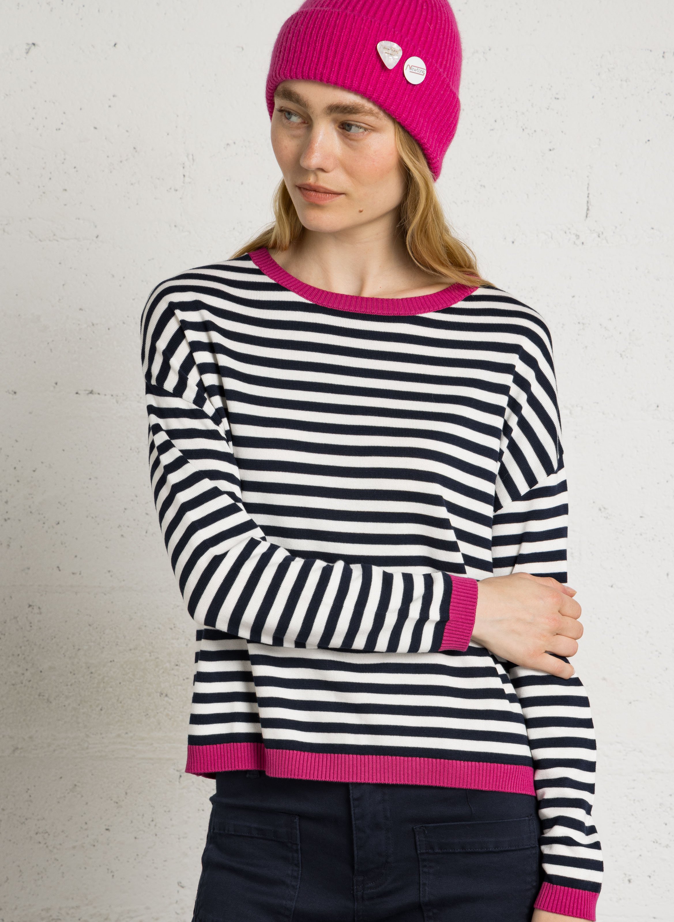 Pull oversize col rond en coton mélangé rayé SUD EXPRESS Rose