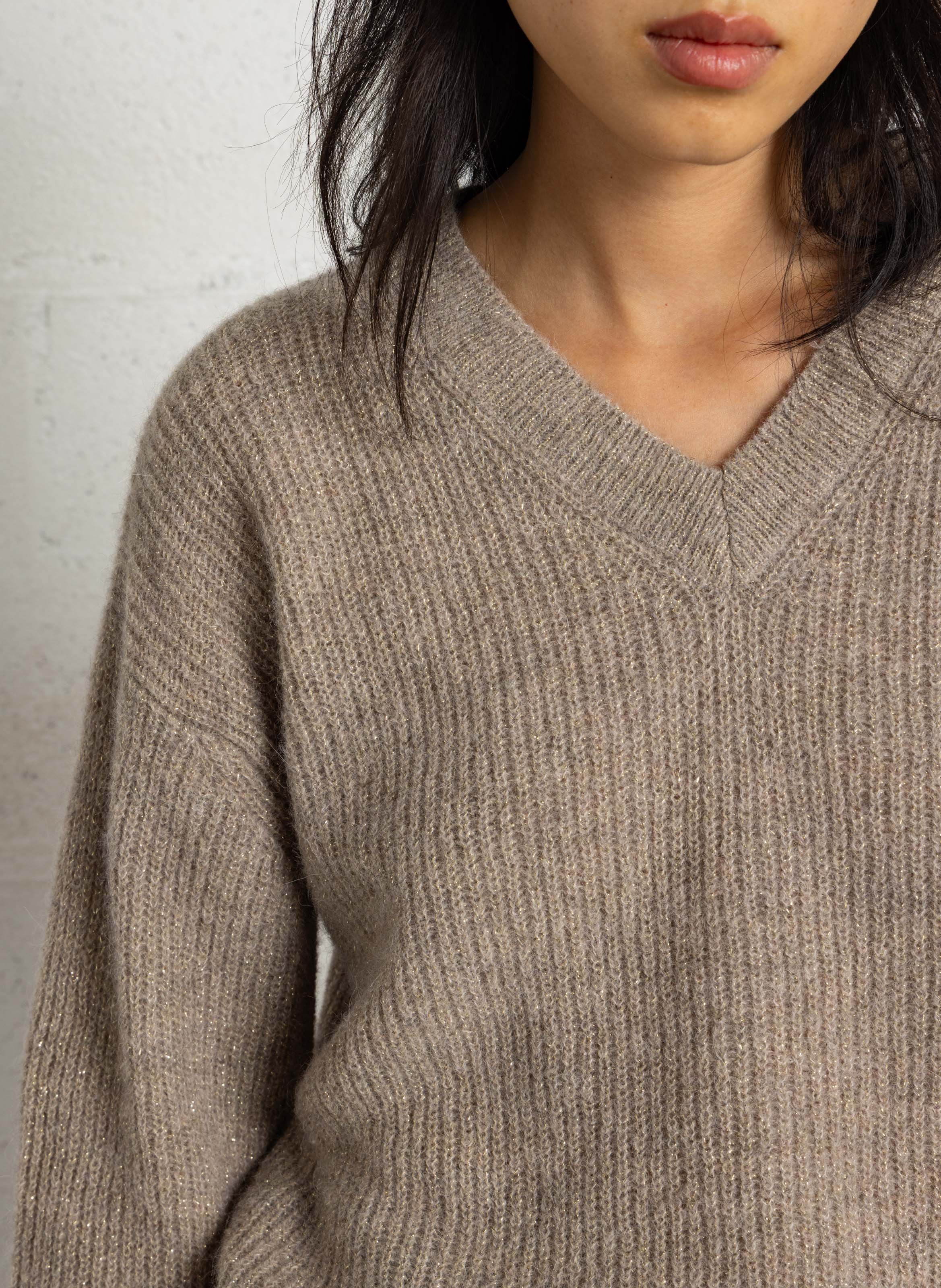 Pull ample col v à paillettes en laine mélangée SUD EXPRESS Marron