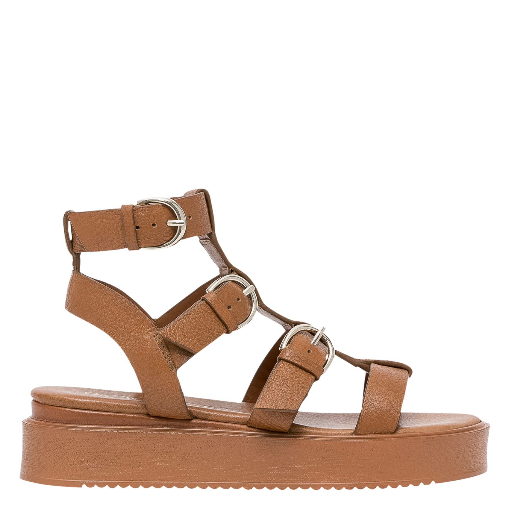 Sandalen aus genarbtem Leder mit mehreren Riemchen und Keilabsatz BOCAGE Braun