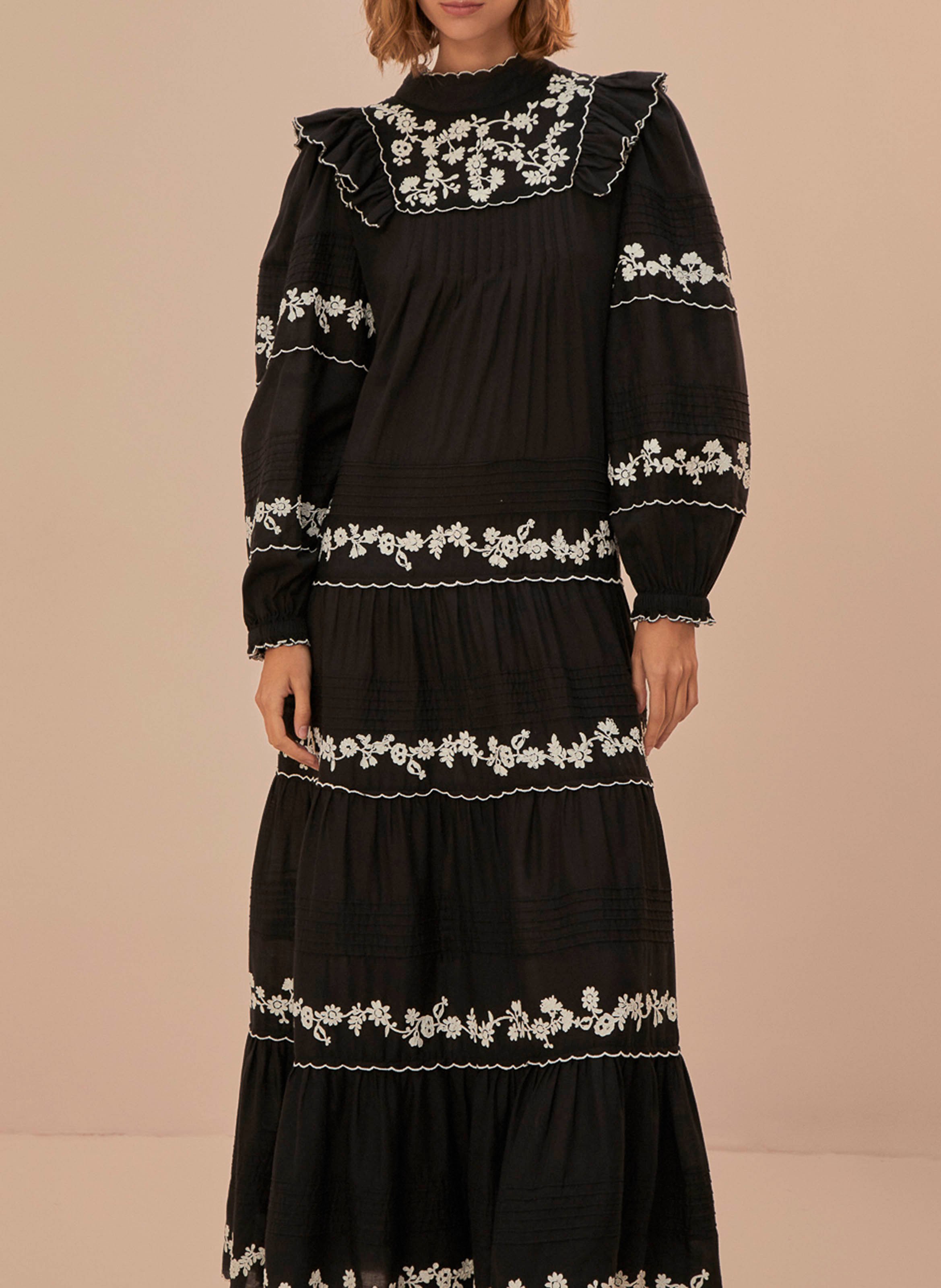Long embroidered cotton dress FARM RIO Black