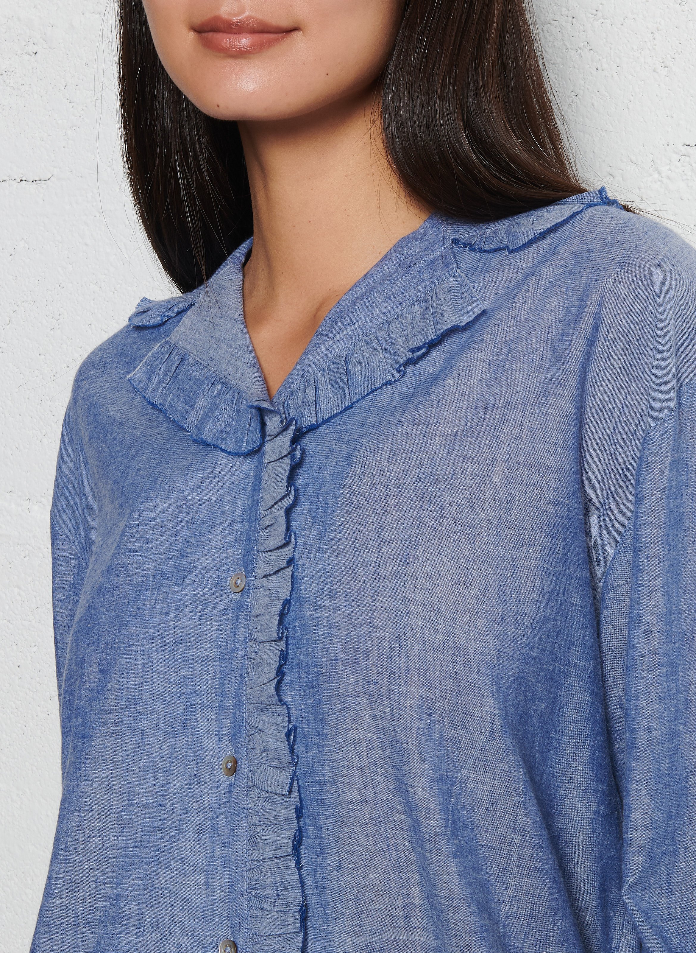 Bluse mit klassischem Kragen und Rüschen aus Baumwolle EMILE ET IDA Blau