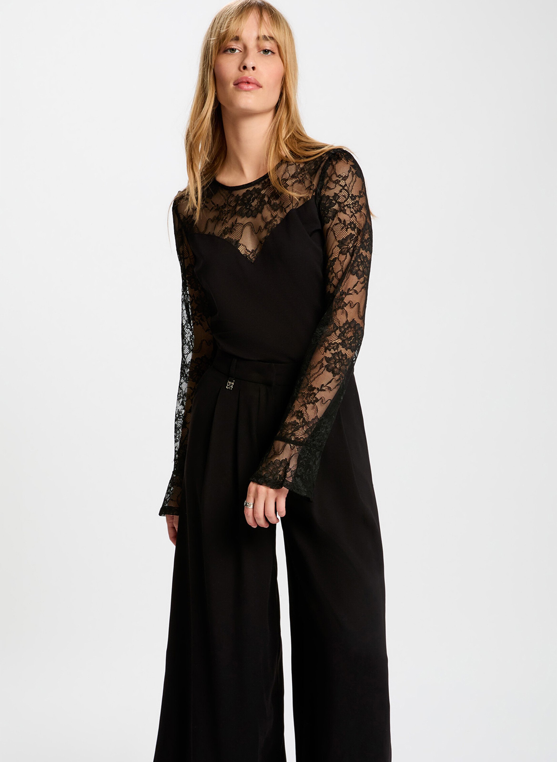 Top manches longues cintré en dentelle MORGAN Noir