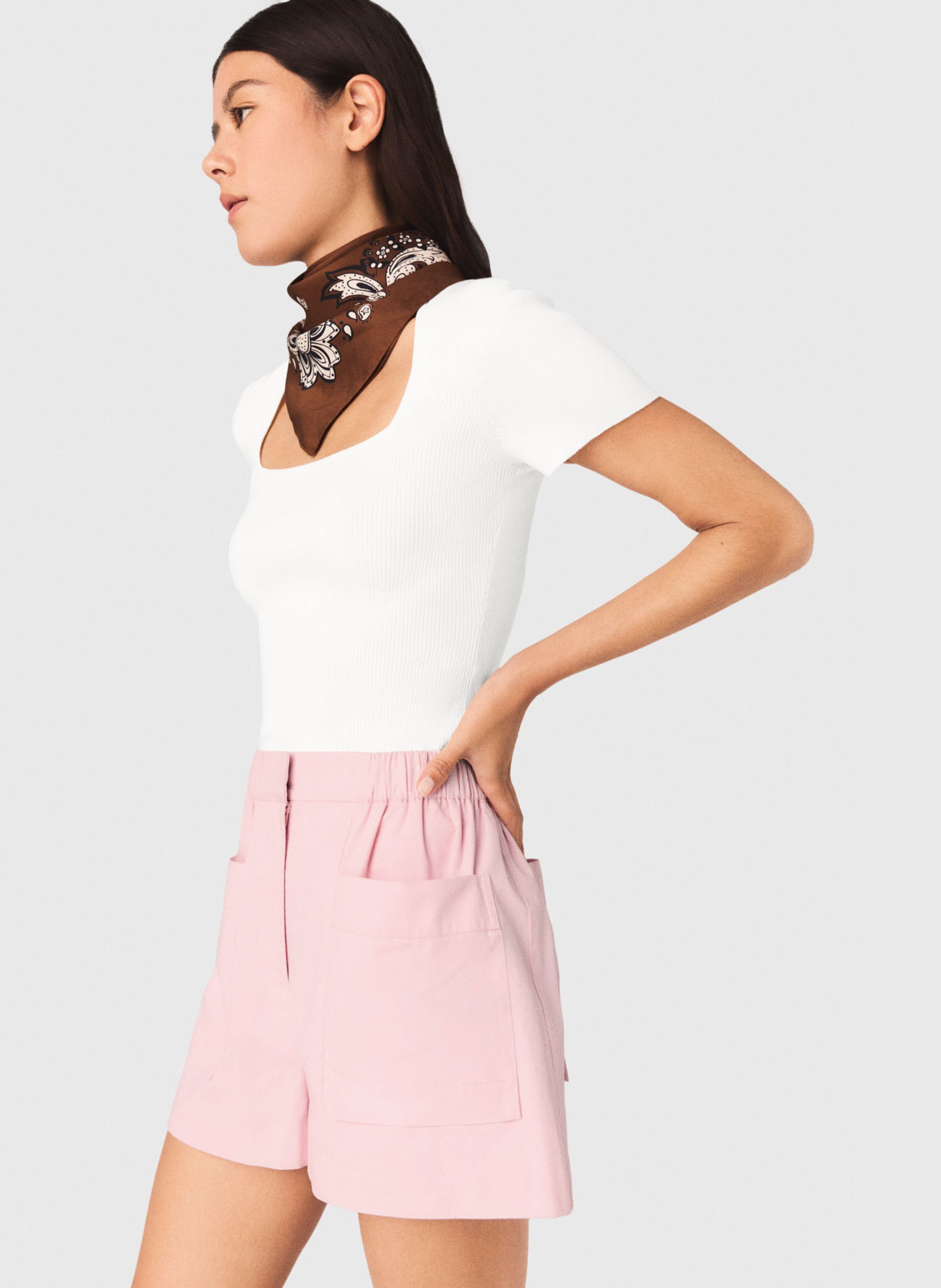 Tee-shirt moulant col carré en coton mélangé MAJE Blanc