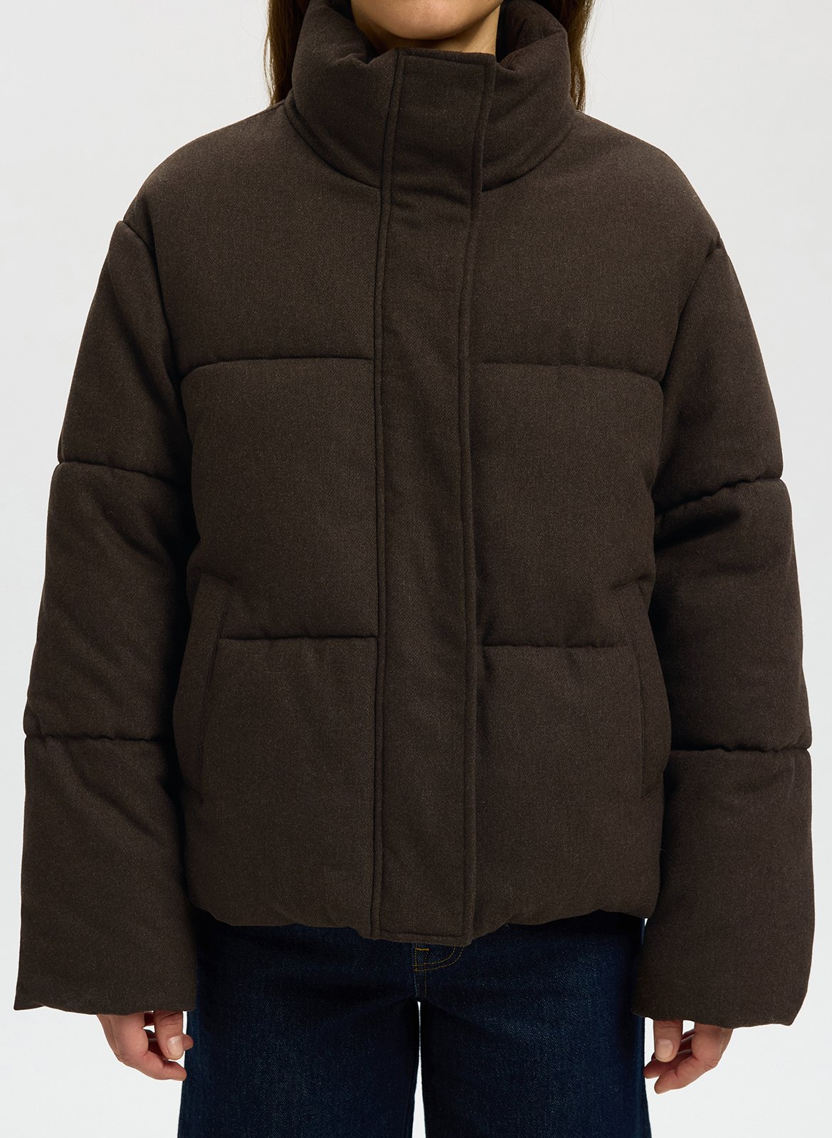 Rechte gewatteerde jas met opstaande kraag in effen kleur SELECTED Bruin