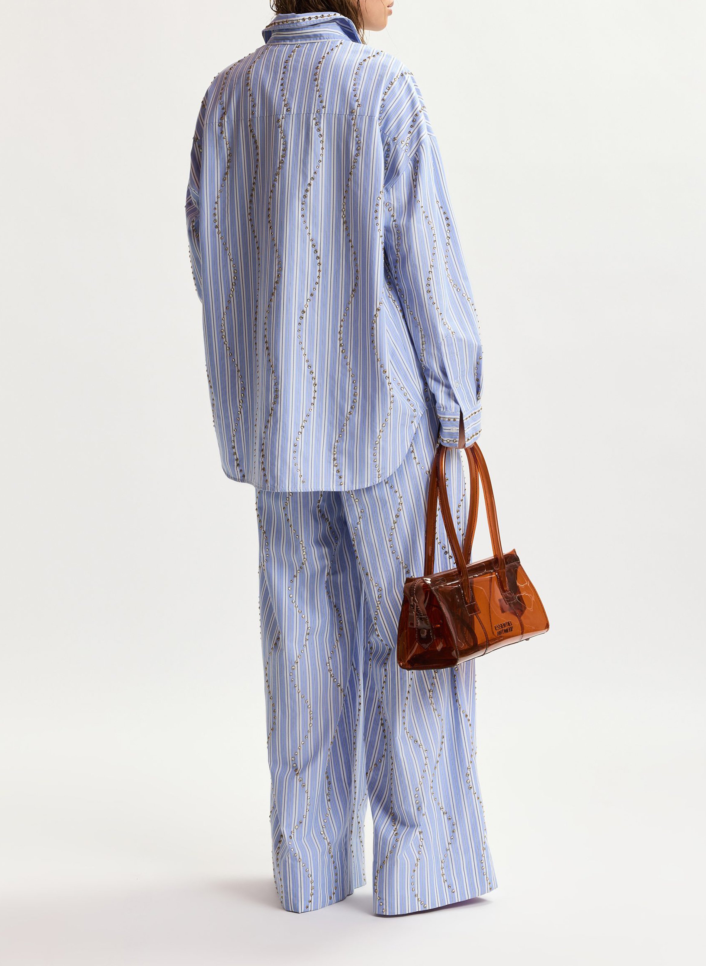 High-waisted wide-leg pants with stripes and rhinestones ESSENTIEL ANTWERP Blue