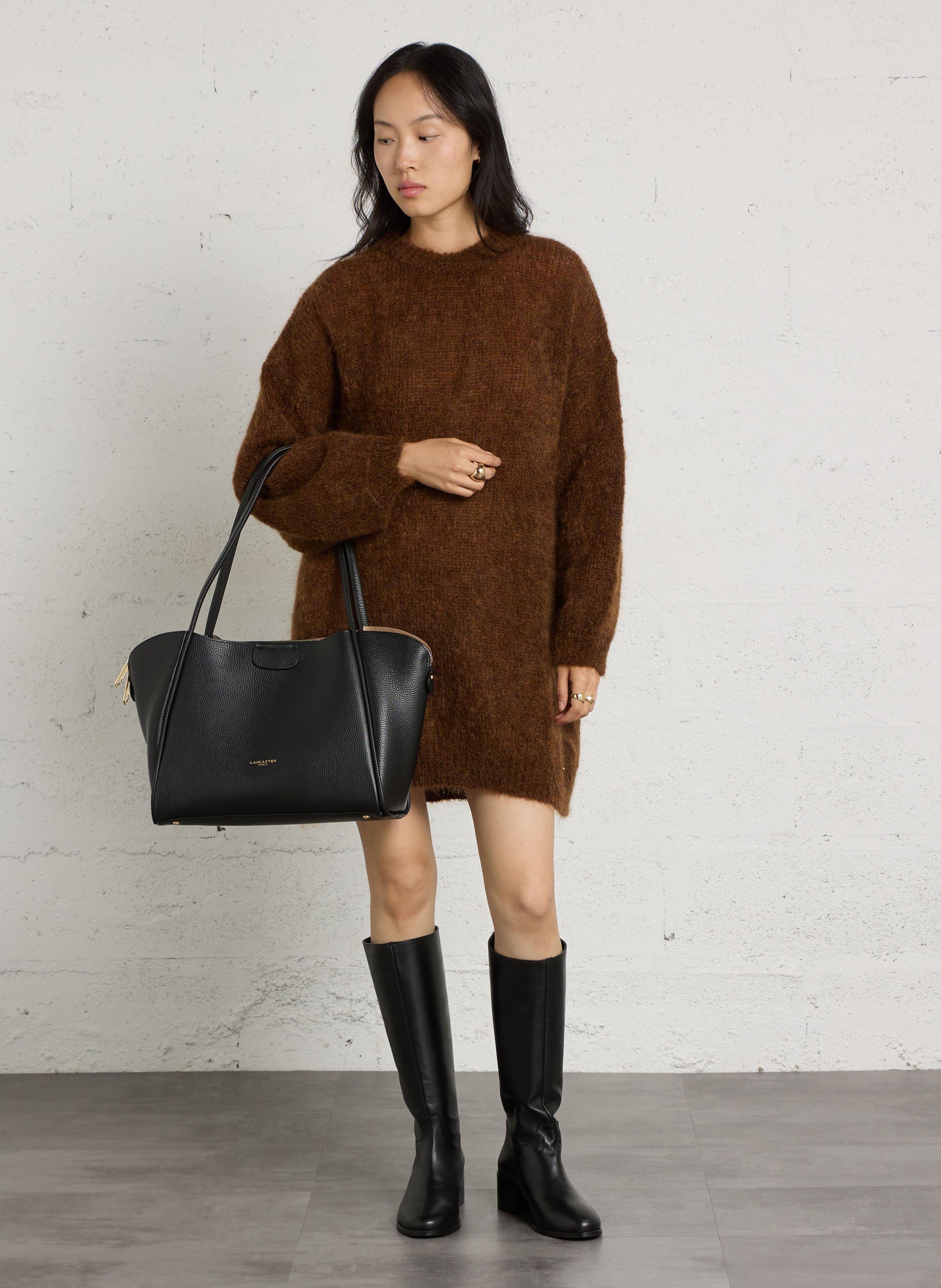 Leren shopper van rundernerf LANCASTER PARIS Zwart