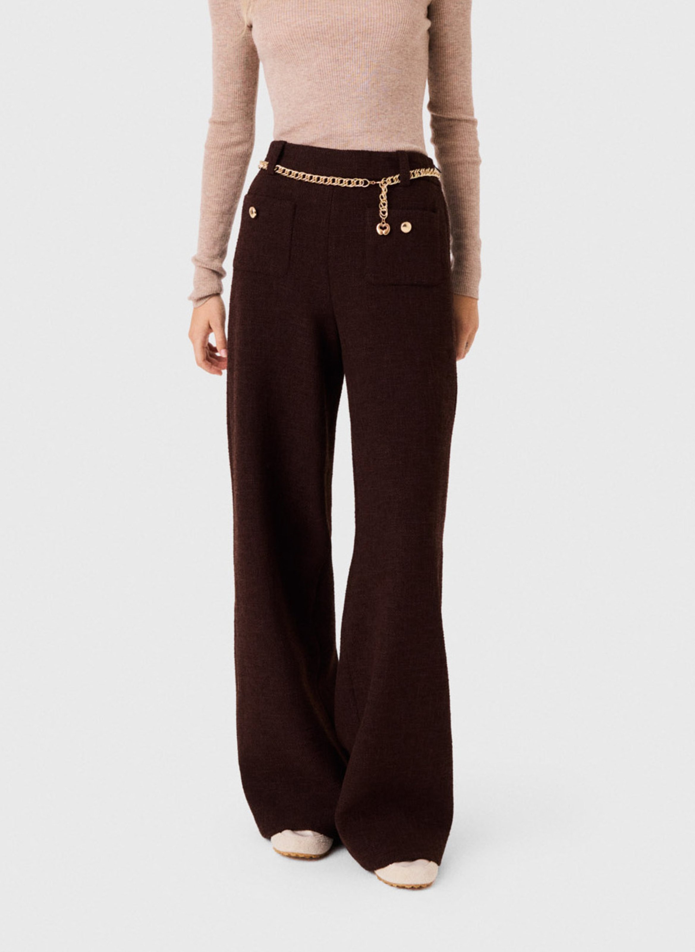 Pantalon large taille haute en tweed MAJE Marron