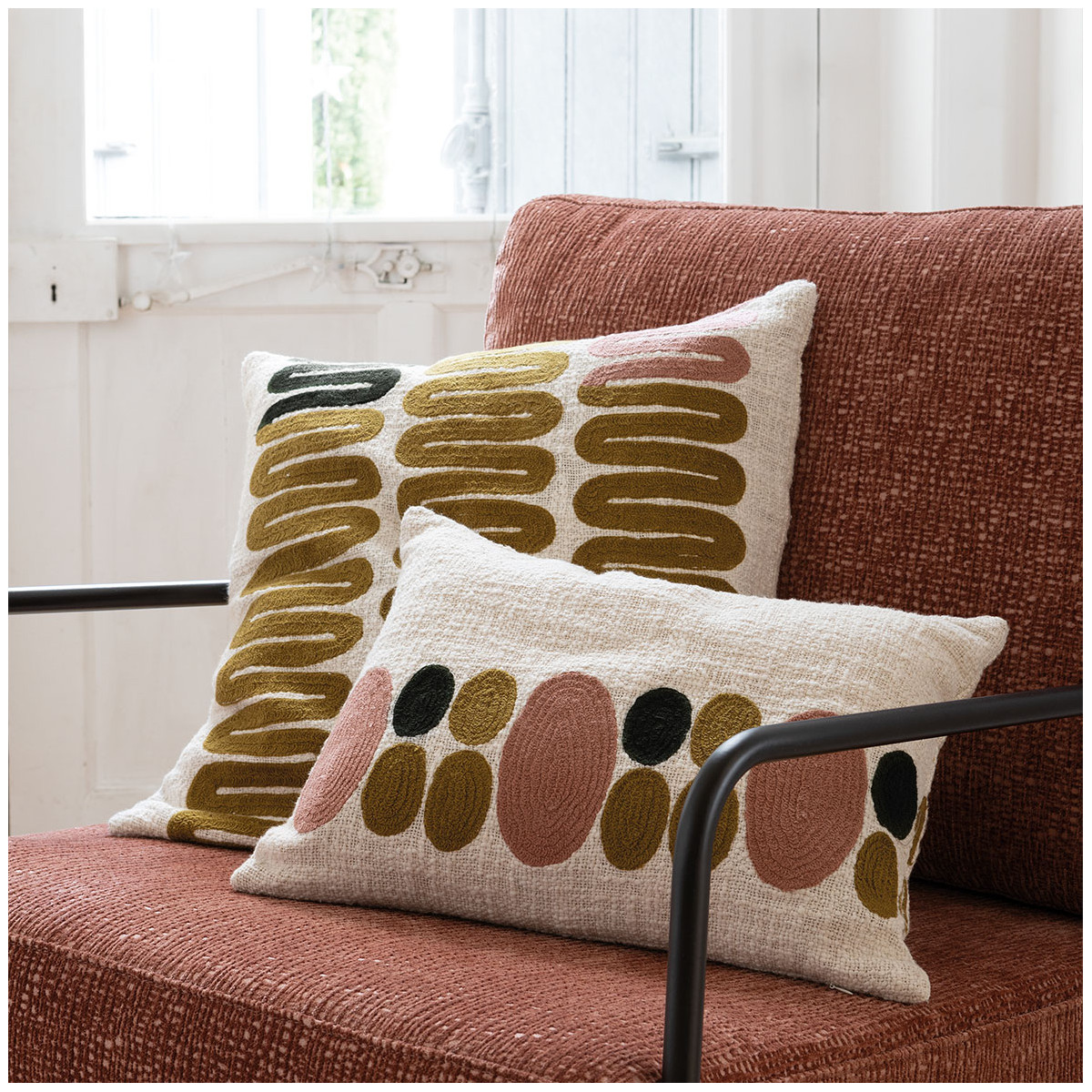 Embroidered polycotton cushion cover BLANC D'IVOIRE Multicolored