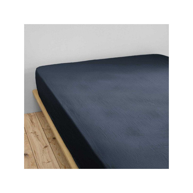 "Fitted sheet "Gaia" all sizes in "cotton gauze"" L'EFFET PAPILLON Blue