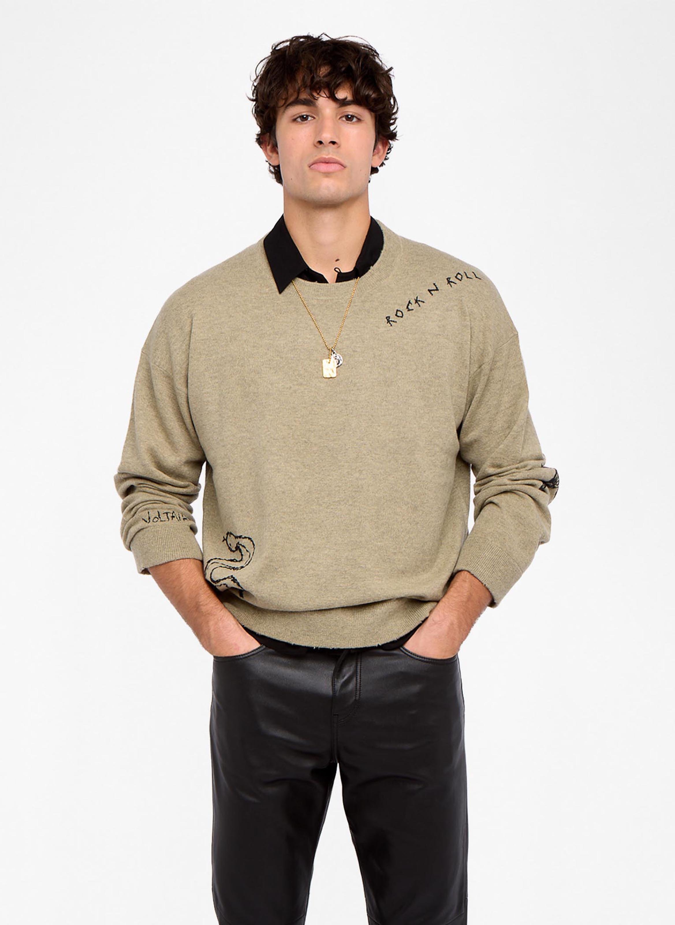 Round neck embroidered merino wool and cashmere straight sweater ZADIG&VOLTAIRE Green