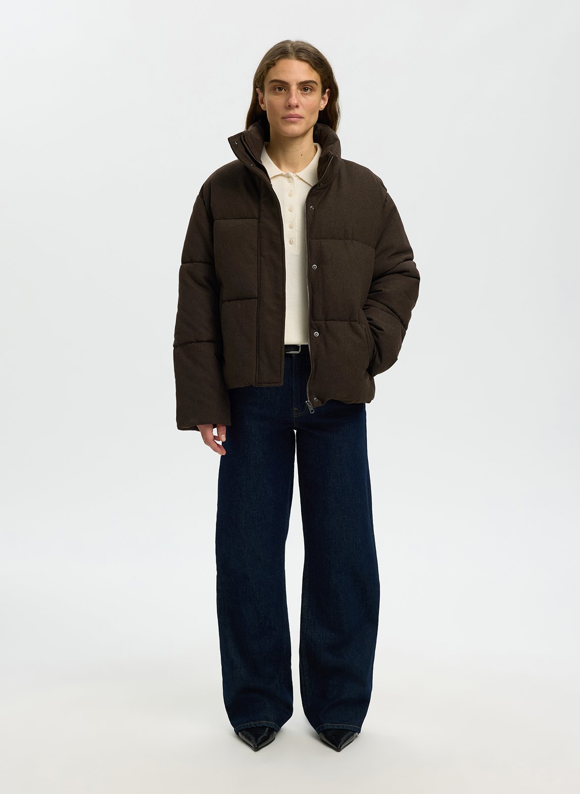 Rechte gewatteerde jas met opstaande kraag in effen kleur SELECTED Bruin